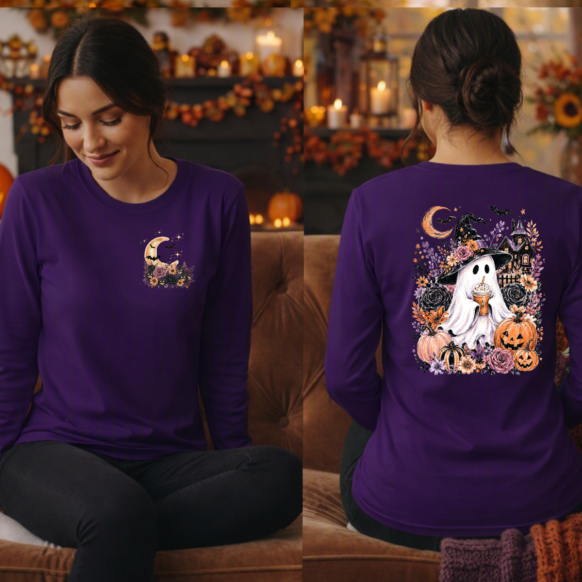 Boo-tiful Harvest Night Long Sleeve Tee | Pocket & Back Halloween Graphics TheCraftNook