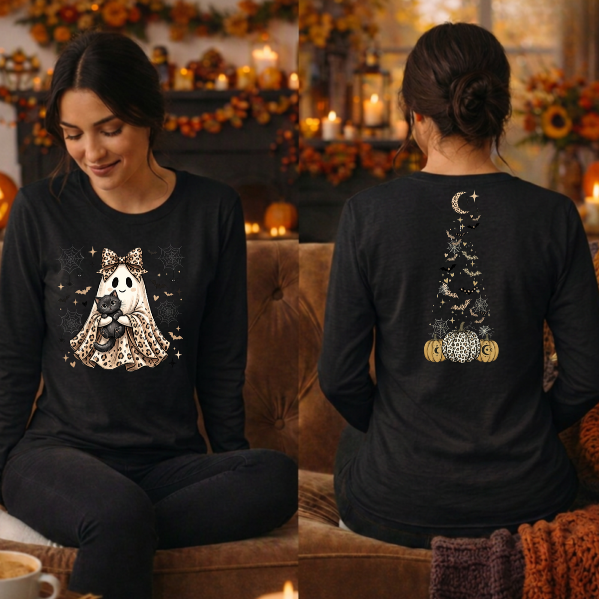 Printed Ghost Halloween Long Sleeve Tee | Front & Back Graphic TheCraftNook