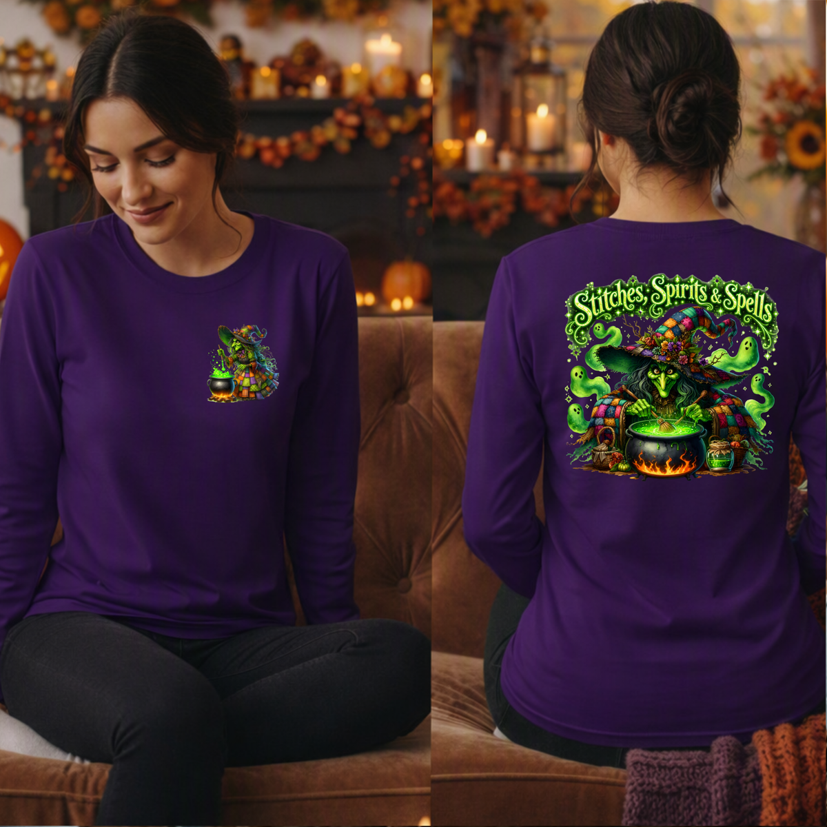 Stitches Spirits & Spells Long Sleeve Tee – Pocket & Back Graphic TheCraftNook