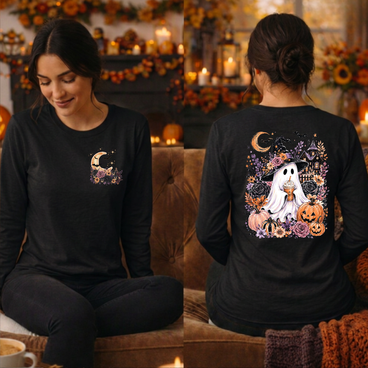 Boo-tiful Harvest Night Long Sleeve Tee | Pocket & Back Halloween Graphics TheCraftNook