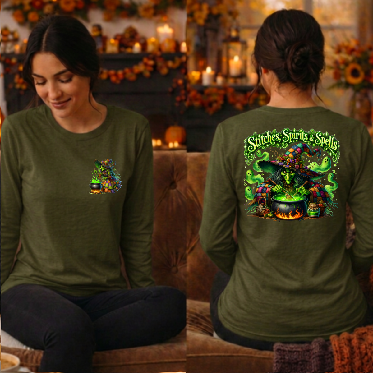 Stitches Spirits & Spells Long Sleeve Tee – Pocket & Back Graphic TheCraftNook