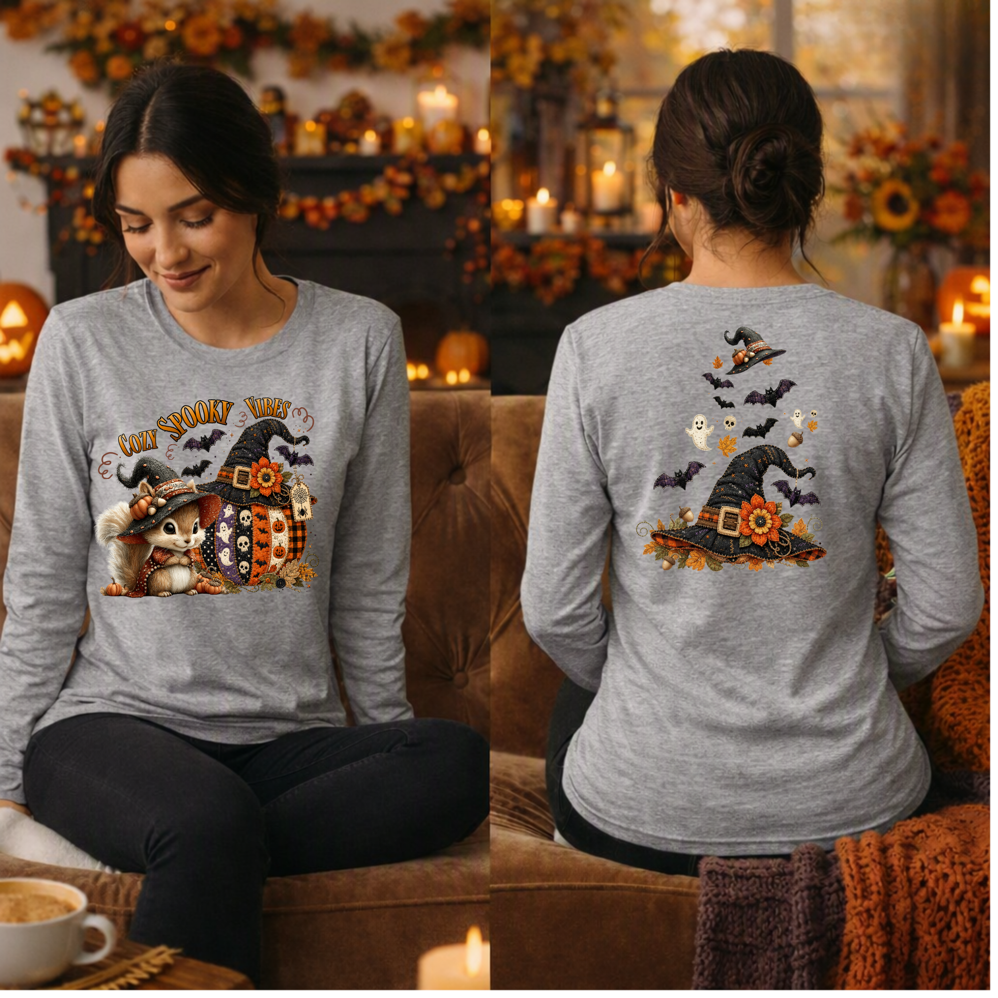 Cozy Spooky Vibes Halloween Long Sleeve Tee – Front & Back Print