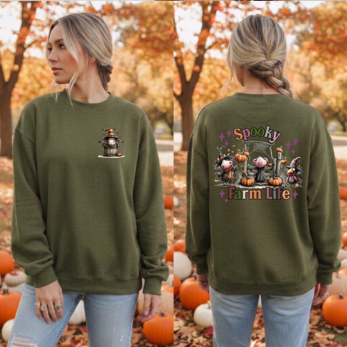 Spooky Farm Life Sweatshirt – Pocket & Back Halloween Graphic TheCraftNook