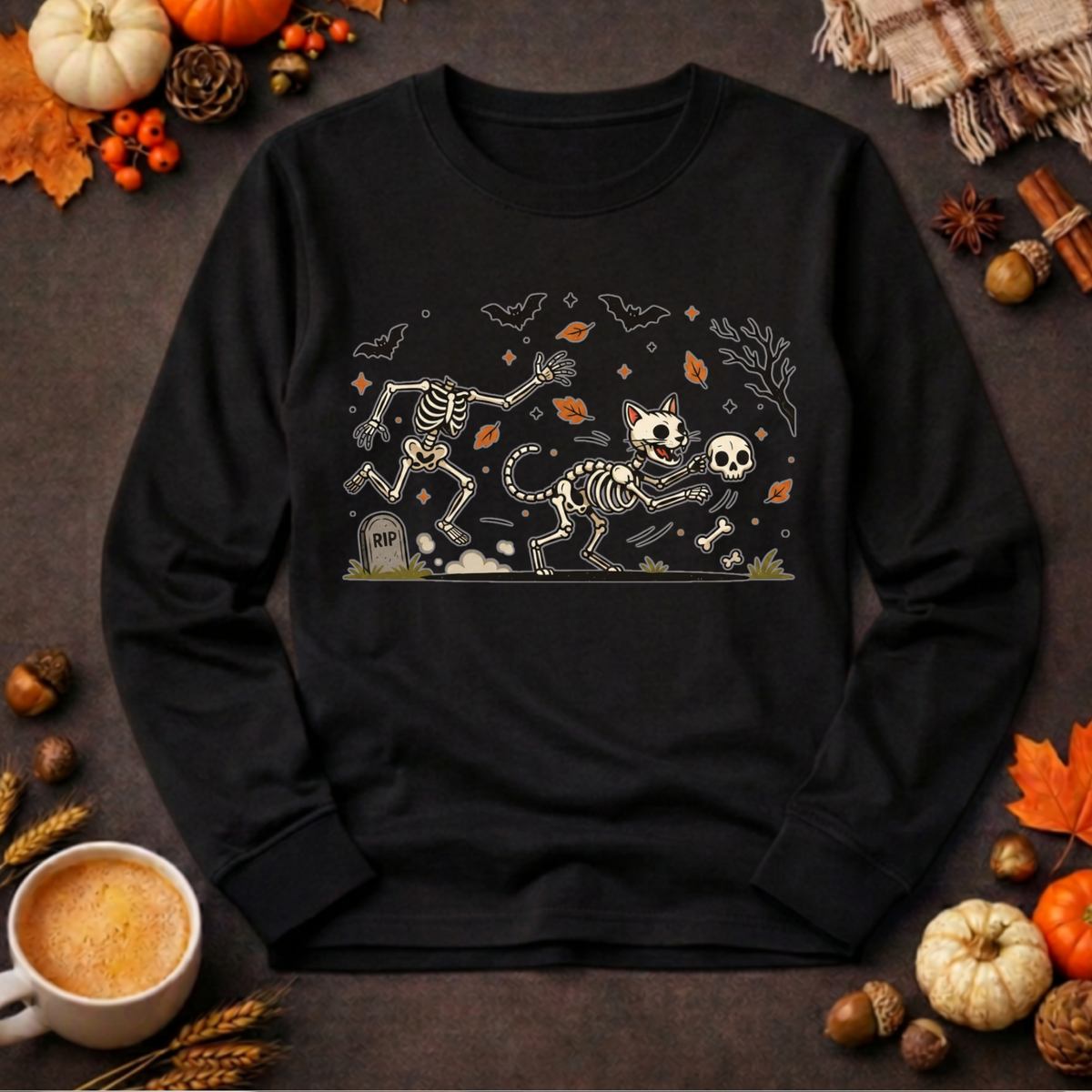 Bone Thief Cat Halloween Long Sleeve Tee TheCraftNook
