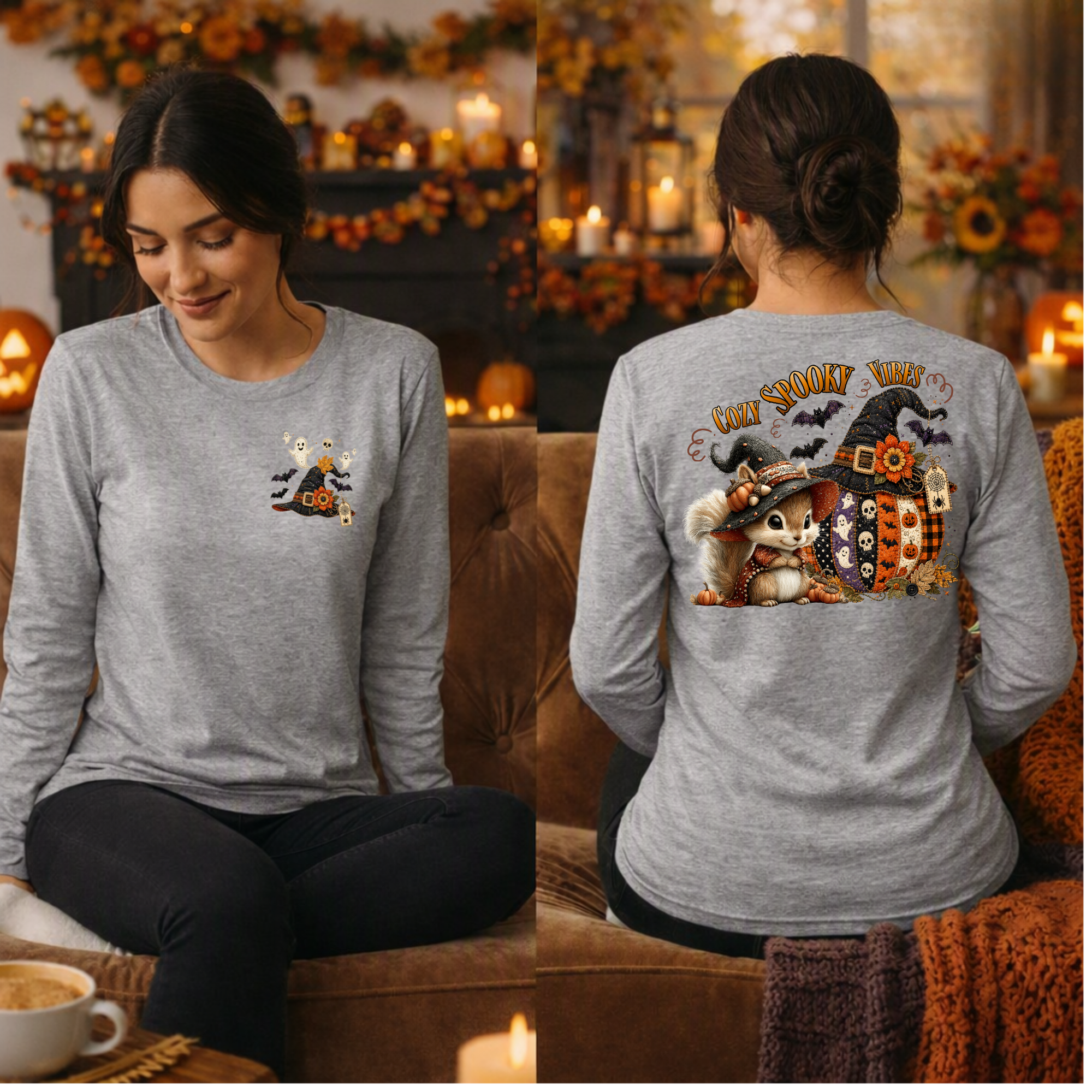 Cozy Spooky Vibes Halloween Long Sleeve Tee – Pocket & Back Print