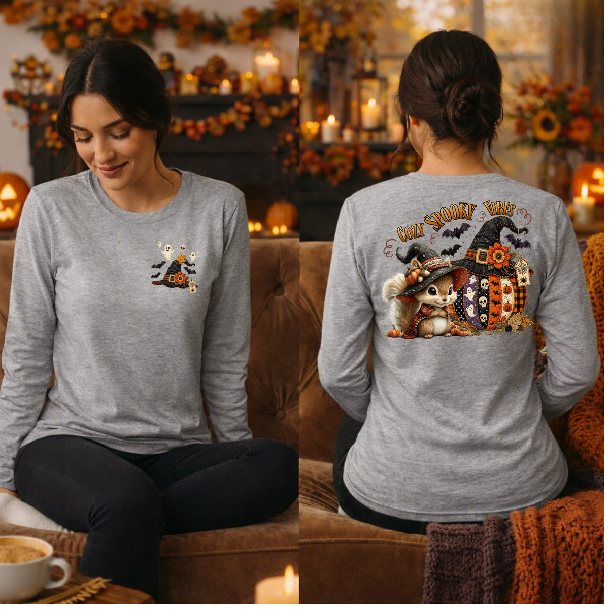 Cozy Spooky Vibes Halloween Long Sleeve Tee – Pocket & Back Print TheCraftNook