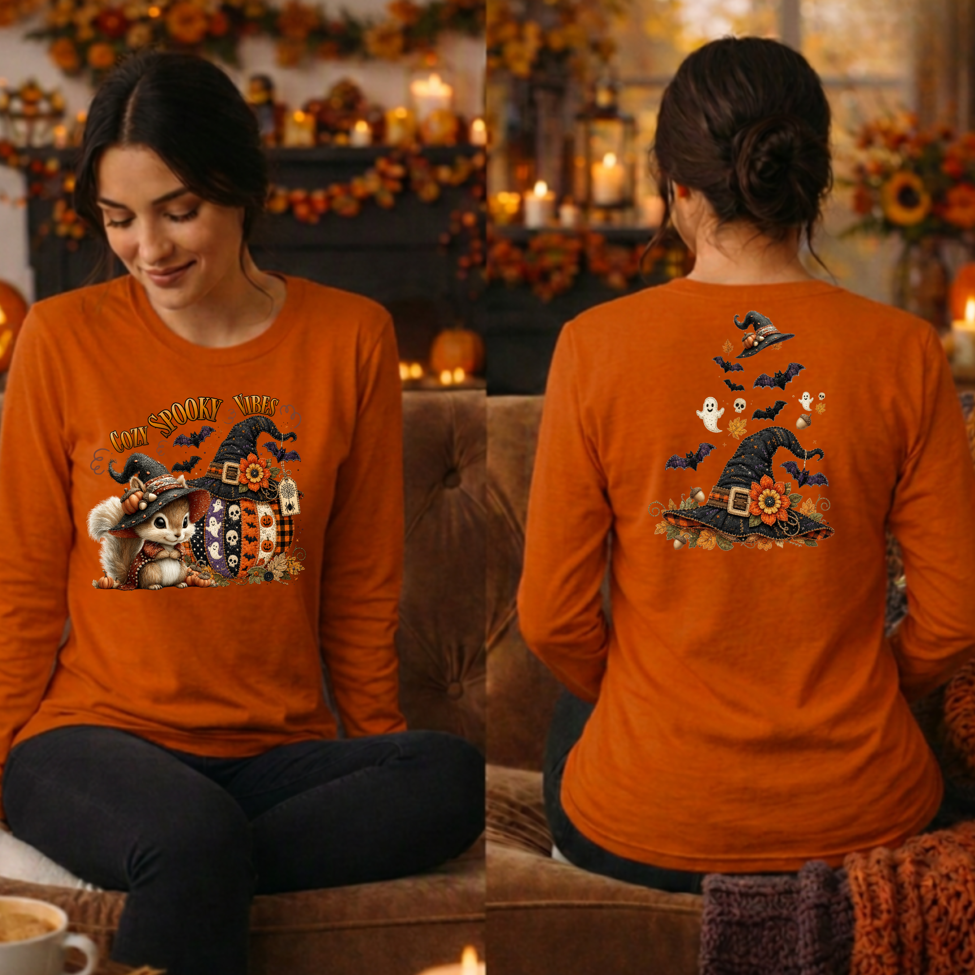 Cozy Spooky Vibes Halloween Long Sleeve Tee – Front & Back Print