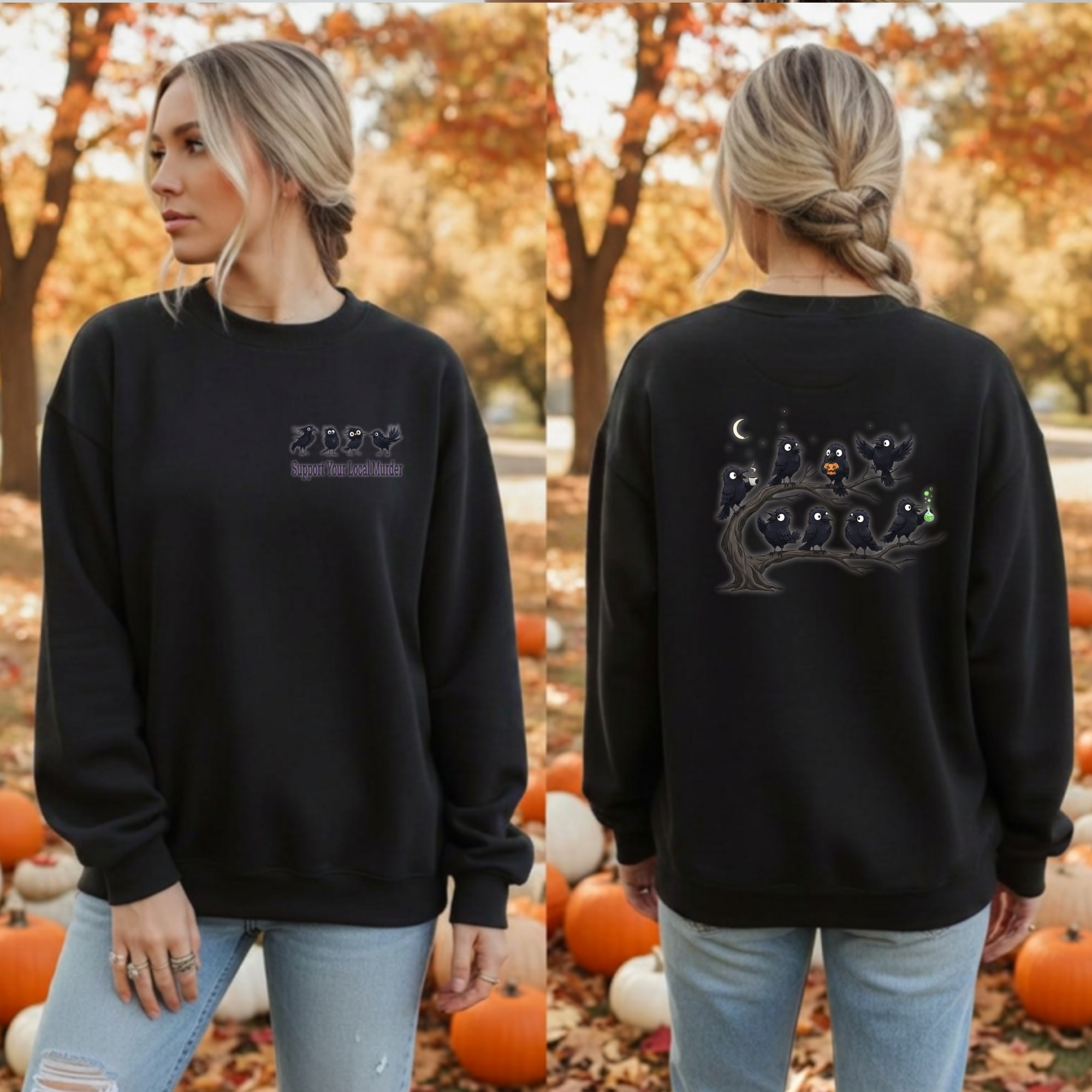 A woman modeling a black crewneck sweatshirt in an outdoor autumn setting with pumpkins. The image shows both the front and back views of the sweatshirt, which features a small graphic on the left chest and a large 'Halloween' text design with spooky details on the back.