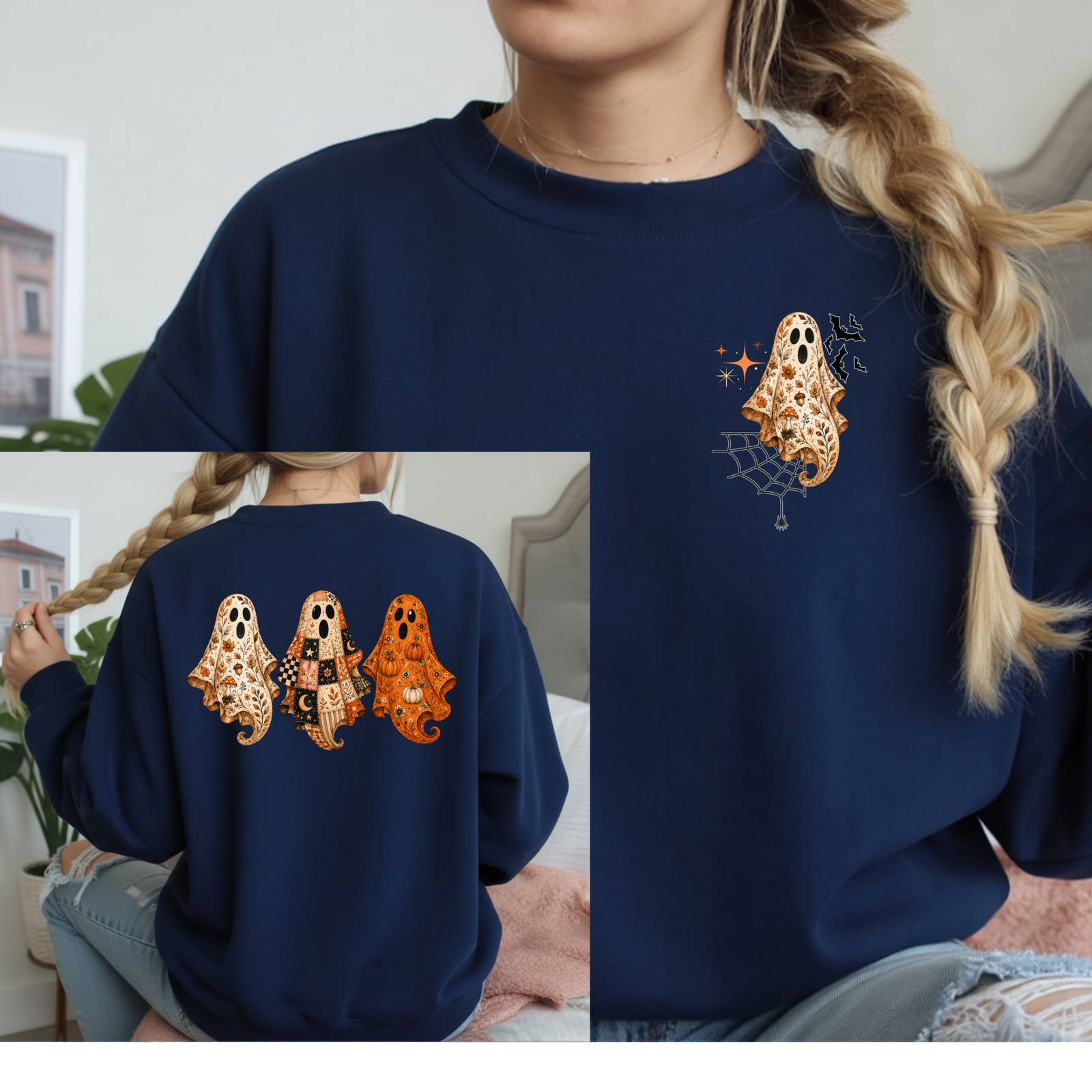 Preppy Ghost Sweatshirt | Pocket & Back Graphic TheCraftNook