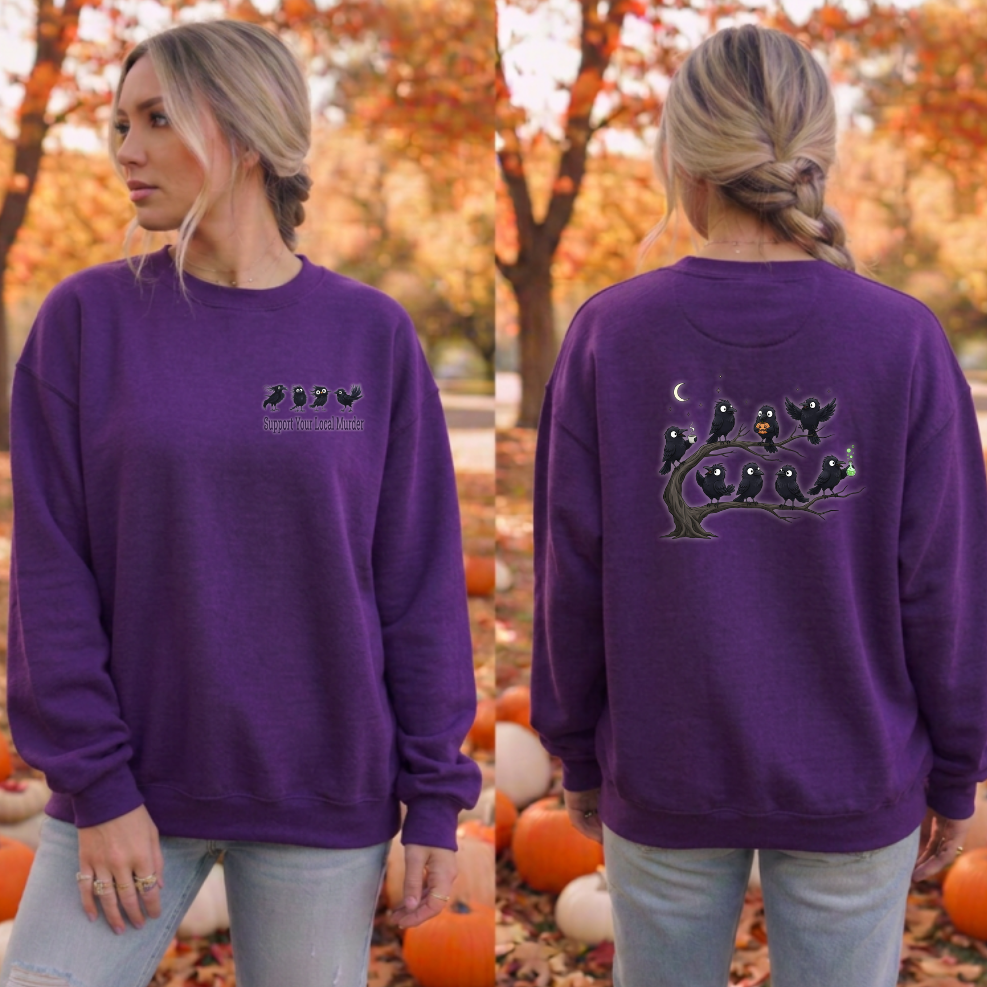 A woman modeling a purple crewneck sweatshirt in an autumn outdoor setting with pumpkins and trees. The front view shows a small black bird graphic on the left chest, and the back view shows a larger black bird graphic on the back.