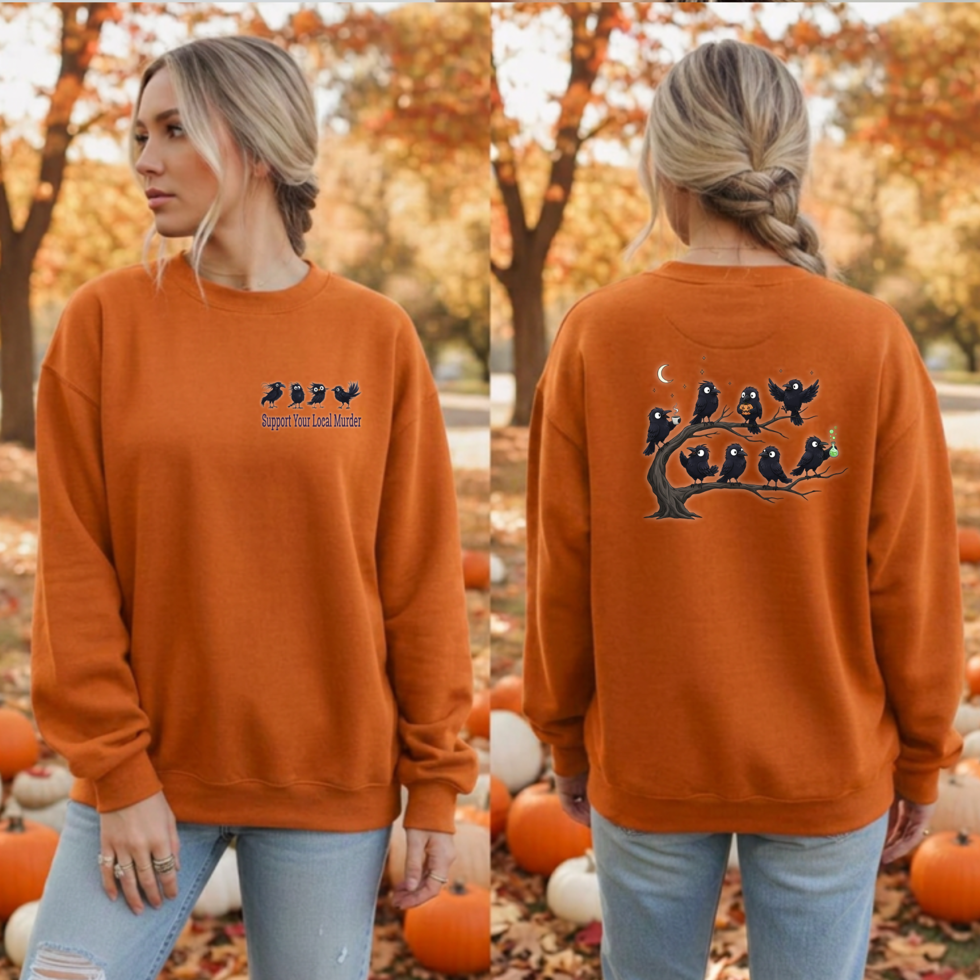 A woman modeling an orange crewneck sweatshirt in an autumn outdoor setting, showing both the front and back views. The front features a small black bird graphic with blue text reading 'Halloween Tree Killer'.