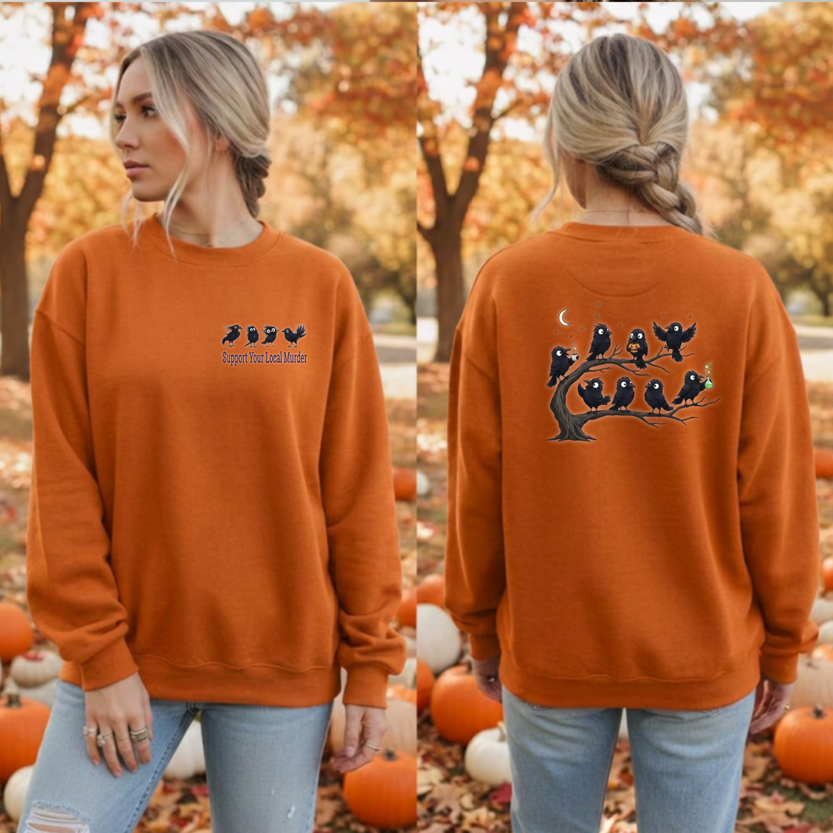 A woman modeling an orange crewneck sweatshirt in an autumn outdoor setting, showing both the front and back views. The front features a small black bird graphic with blue text reading 'Halloween Tree Killer'.