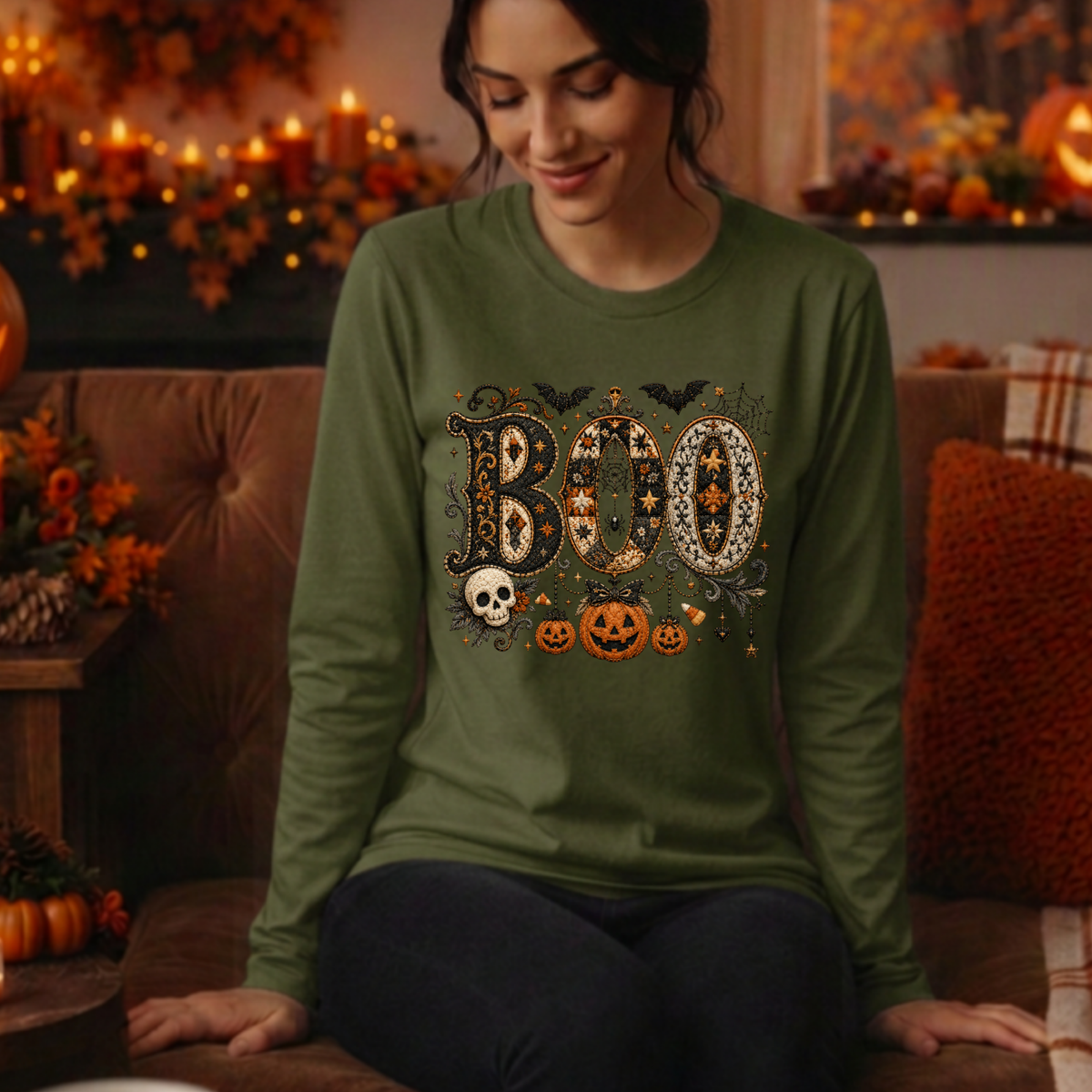 Boo Faux Embroidery Long Sleeve Tee | Cottagecore Halloween TheCraftNook