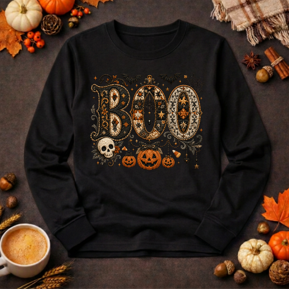 Boo Faux Embroidery Long Sleeve Tee | Cottagecore Halloween TheCraftNook