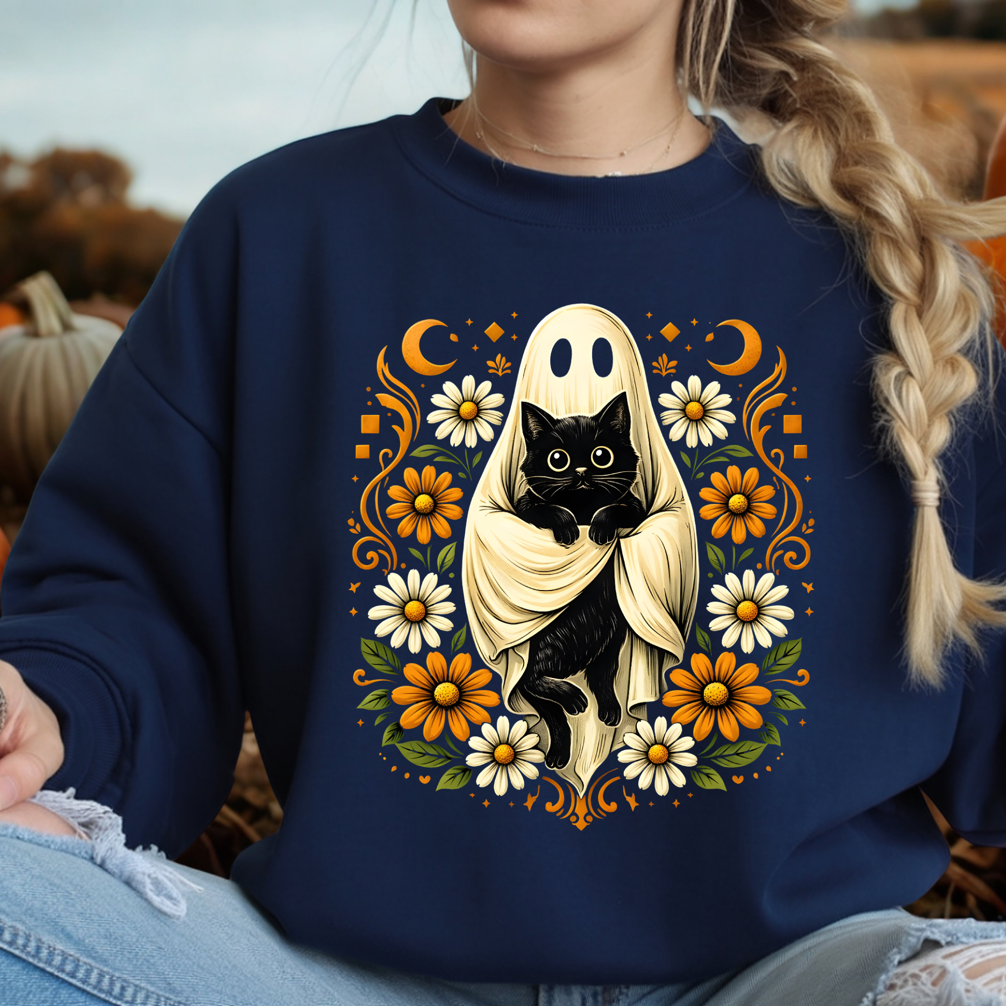 Ghost Cat In Bloom Sweatshirt – Halloween Floral Cat Graphic