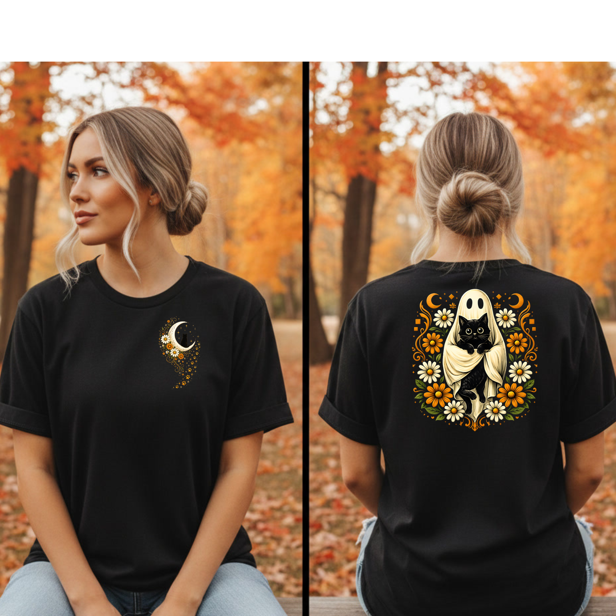 Ghost Cat in Bloom Tee Pocket and Full back graphics