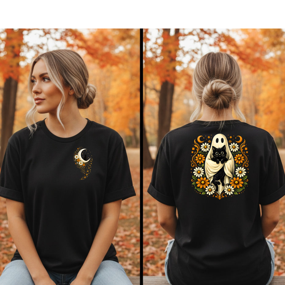 Ghost Cat in Bloom T-Shirt Pocket and Full back graphics TheCraftNook