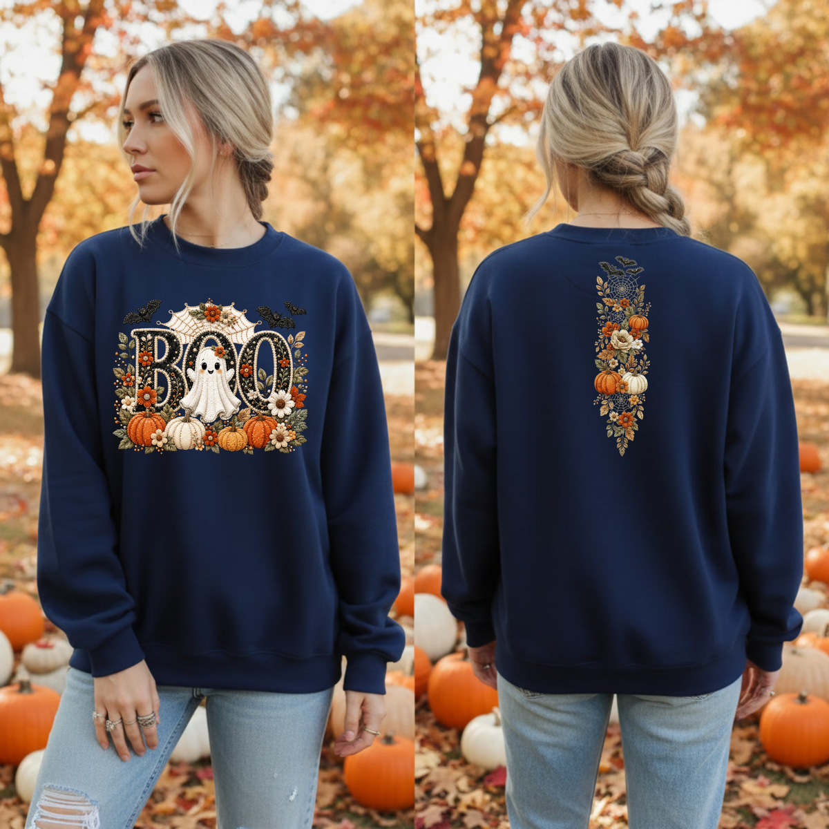 Cute Boo Sweatshirt – Halloween Ghost Crewneck with Front & Back Graphics TheCraftNook