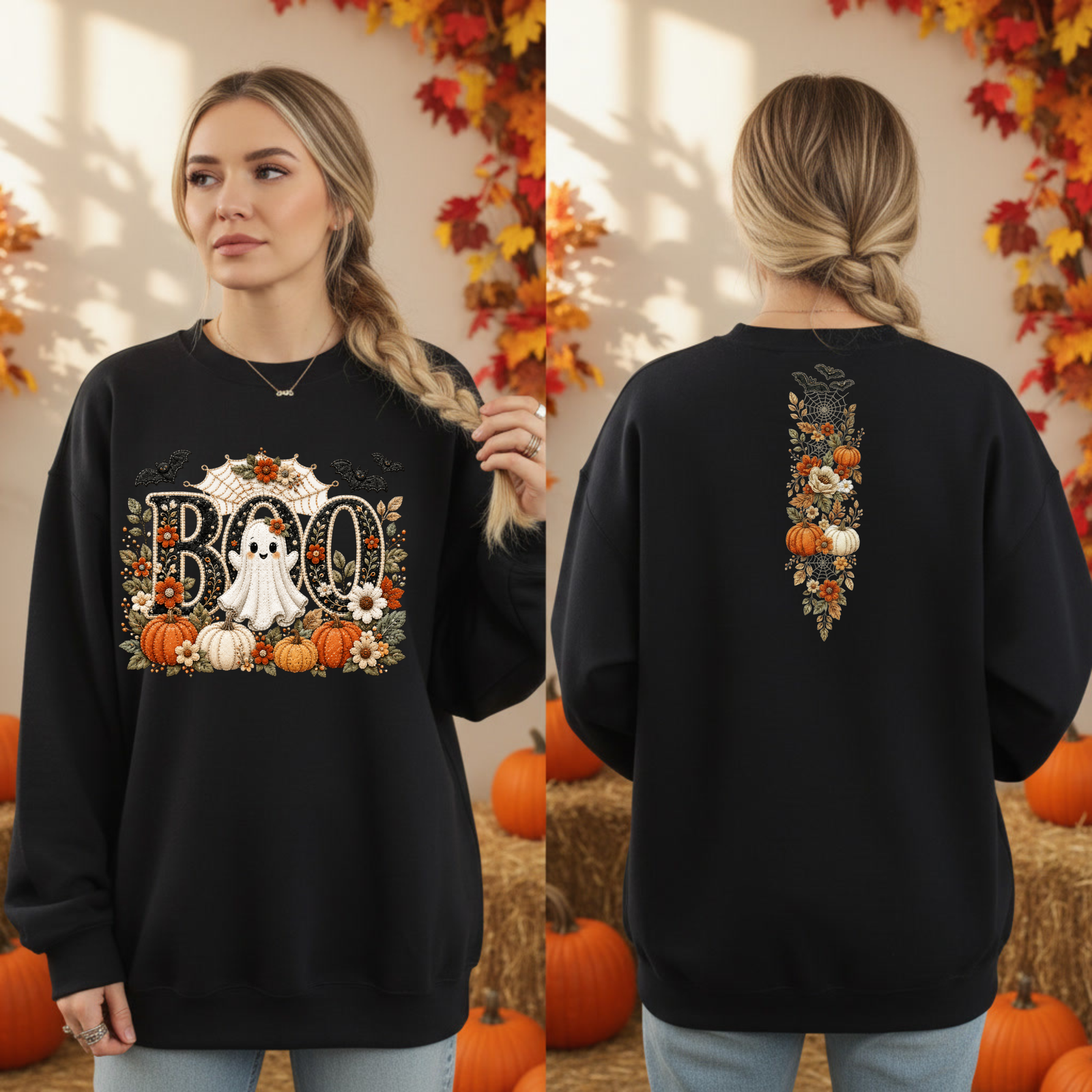 Cute Boo Sweatshirt – Halloween Ghost Crewneck with Front & Back Graphics TheCraftNook