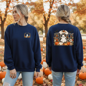 Cute Boo Sweatshirt – Halloween Ghost Crewneck with Pocket & Back Graphics TheCraftNook