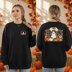 Cute Boo Sweatshirt – Halloween Ghost Crewneck with Pocket & Back Graphics TheCraftNook