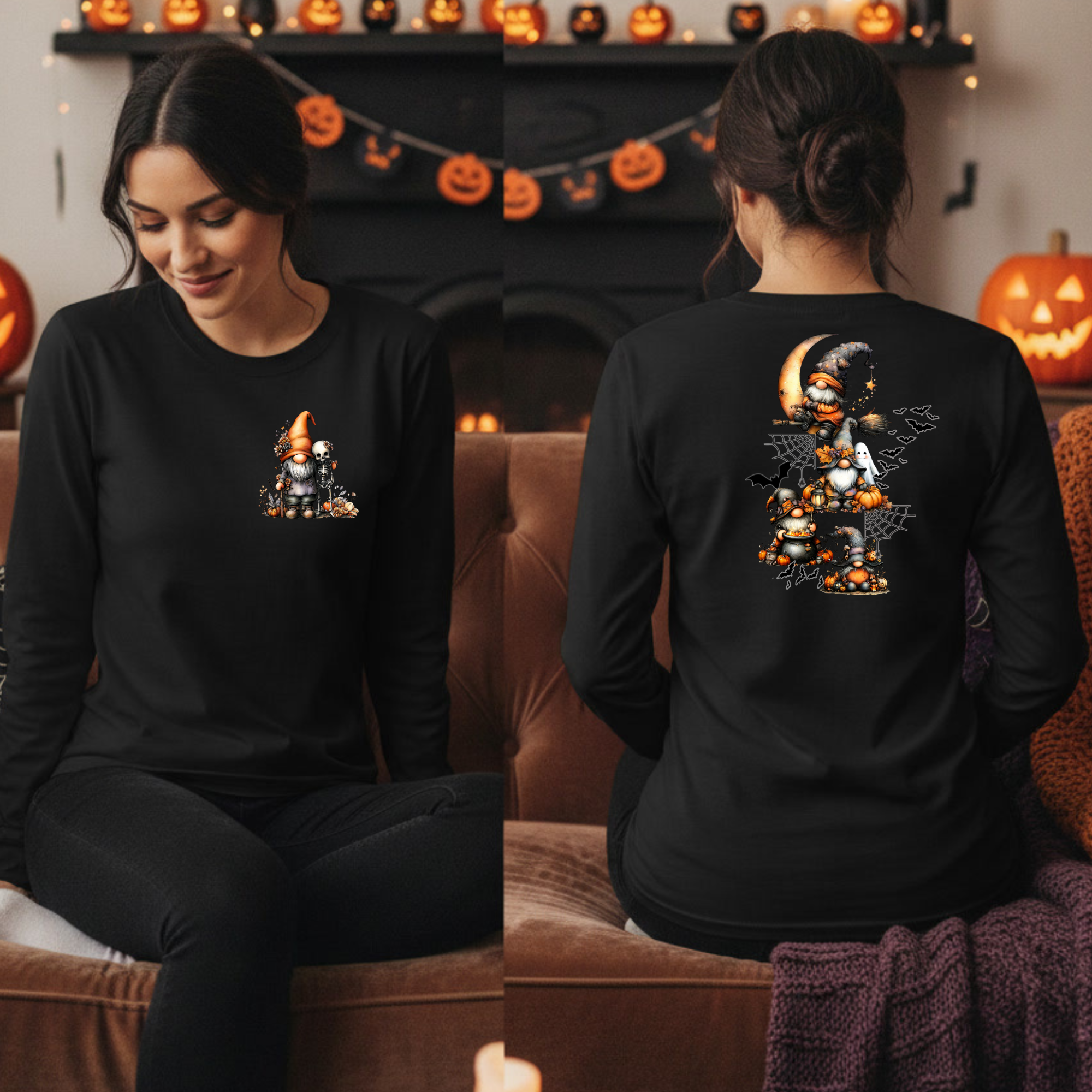 Halloween Gnomes Long Sleeve Tee | Pocket & Back Graphic