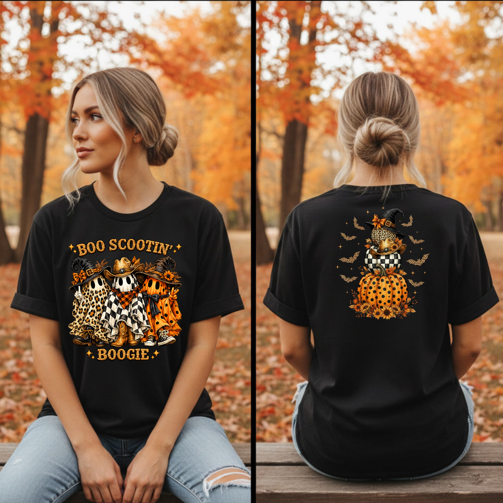 Boo Scootin' Halloween T-Shirt | Front & Back Graphic T-Shirt TheCraftNook