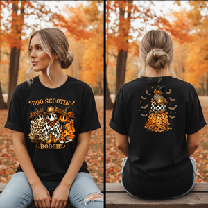 Boo Scootin' Halloween T-Shirt | Front & Back Graphic T-Shirt TheCraftNook