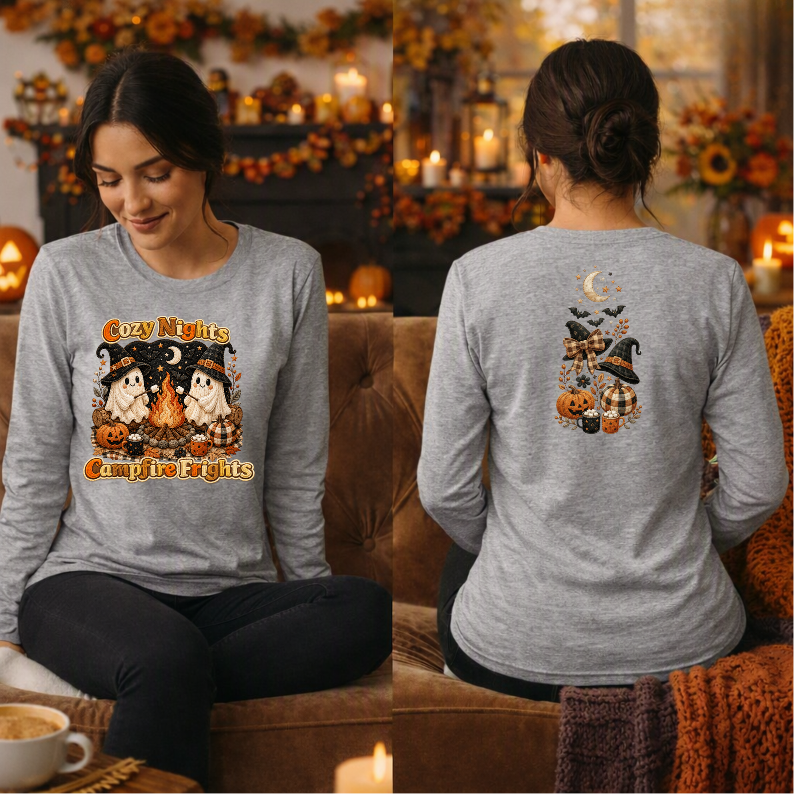 Cozy Nights Halloween Long Sleeve Tee — Front & Back TheCraftNook