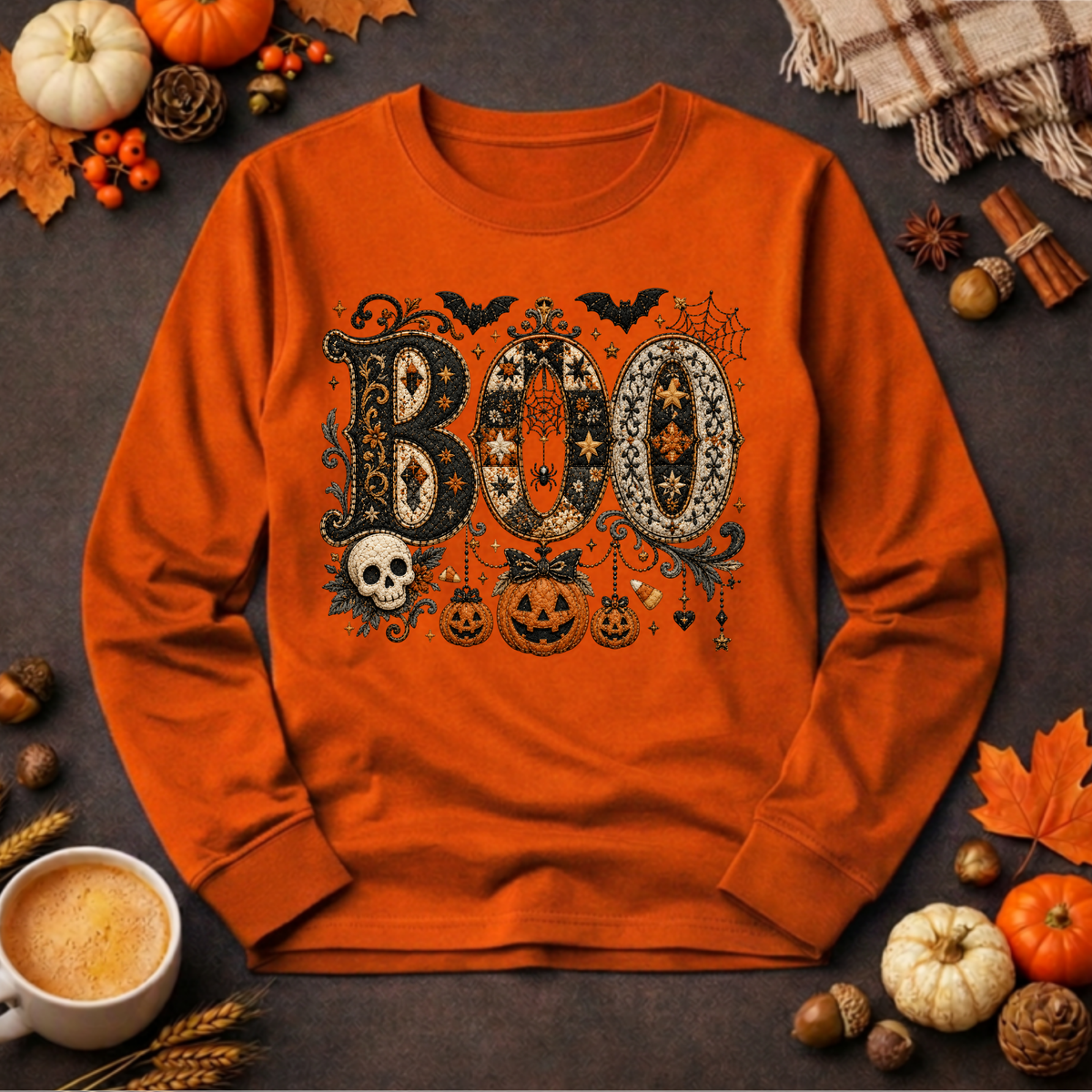 Boo Faux Embroidery Long Sleeve Tee | Cottagecore Halloween TheCraftNook
