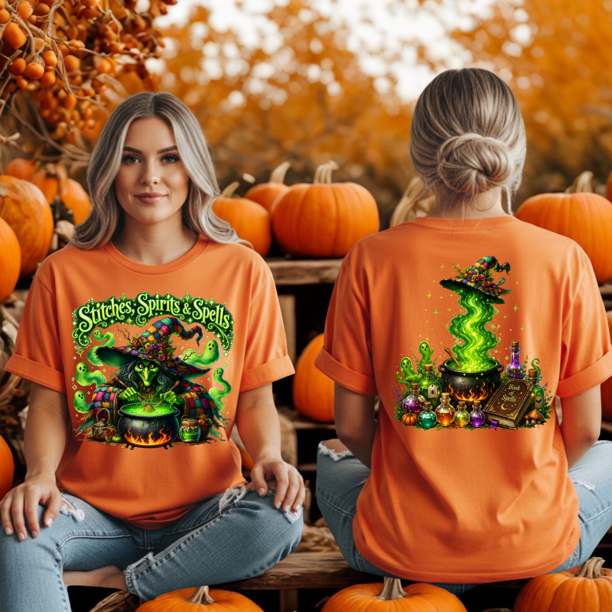 Stitches Spirits Spells Front & Back T-Shirt | Cottagecore Halloween Tee TheCraftNook