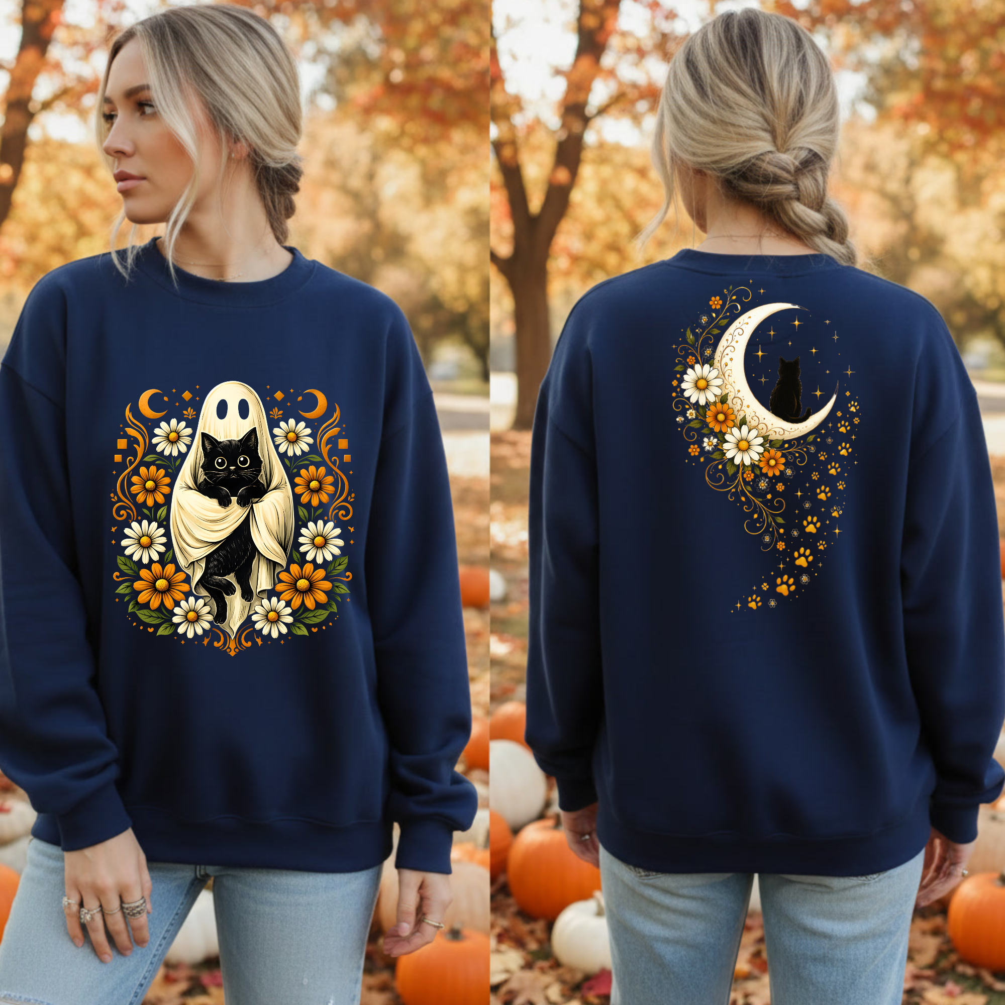 Ghost Cat In Bloom Sweatshirt – Full Front & Back Graphic