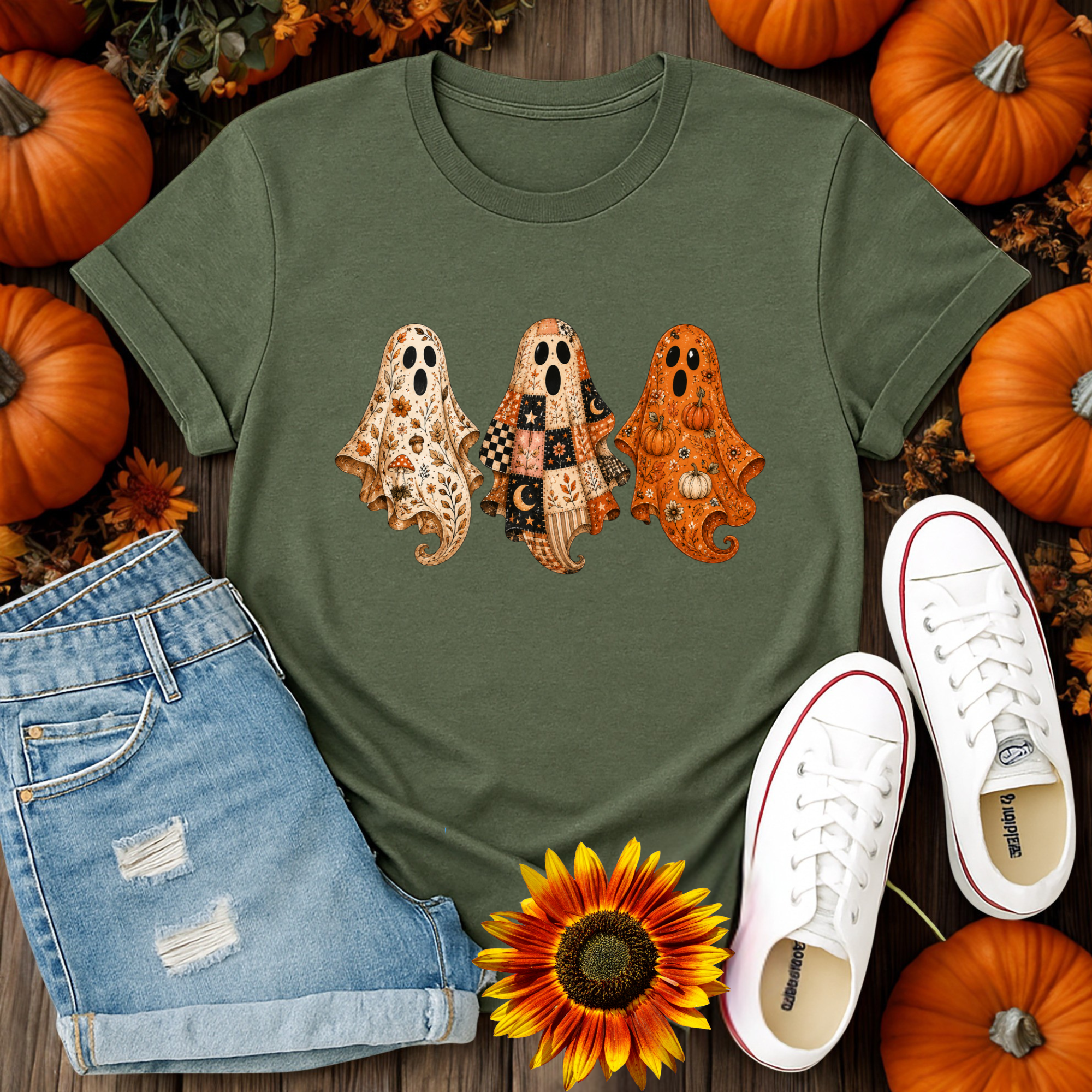 An olive green short-sleeve t-shirt with a graphic of three cute, spooky Halloween ghosts, styled in a flat-lay arrangement with denim shorts, white sneakers, pumpkins, and a sunflower on a wooden background.