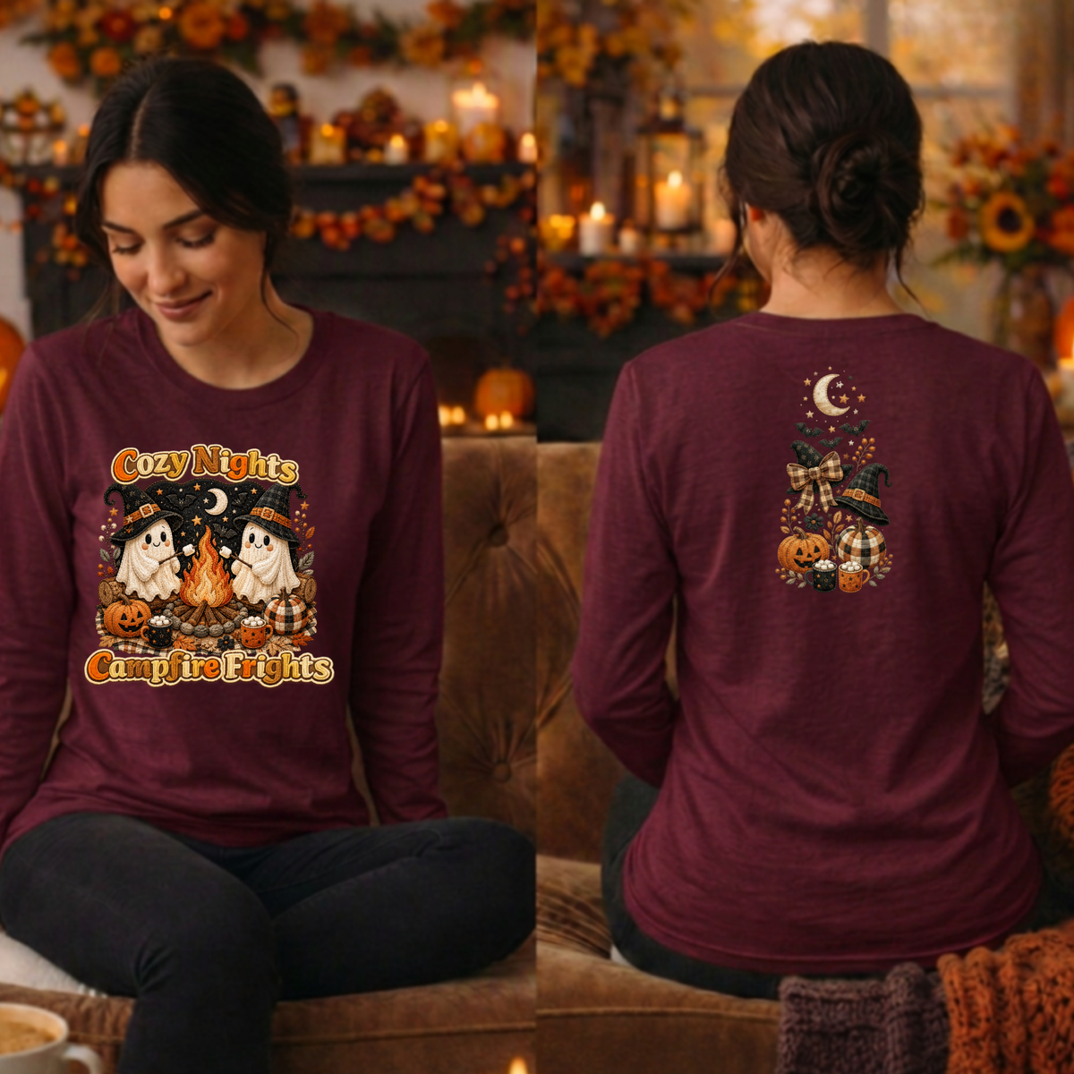 Cozy Nights Halloween Long Sleeve Tee — Front & Back TheCraftNook