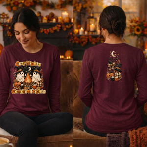 Cozy Nights Halloween Long Sleeve Tee — Front & Back TheCraftNook