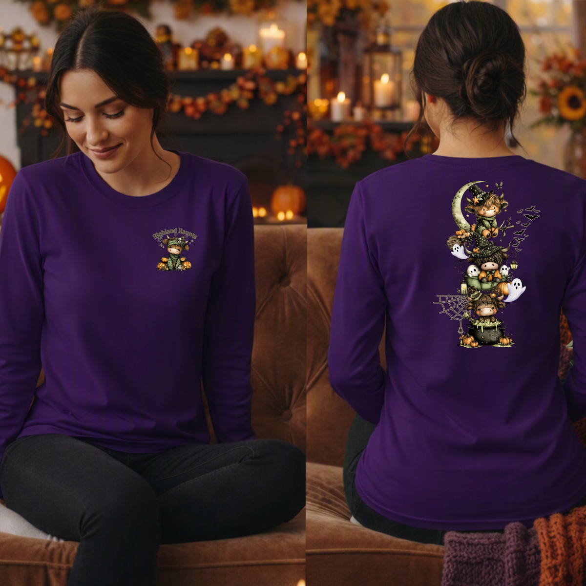 Highland Haunts Long Sleeve Tee – Pocket & Full Back Graphics TheCraftNook