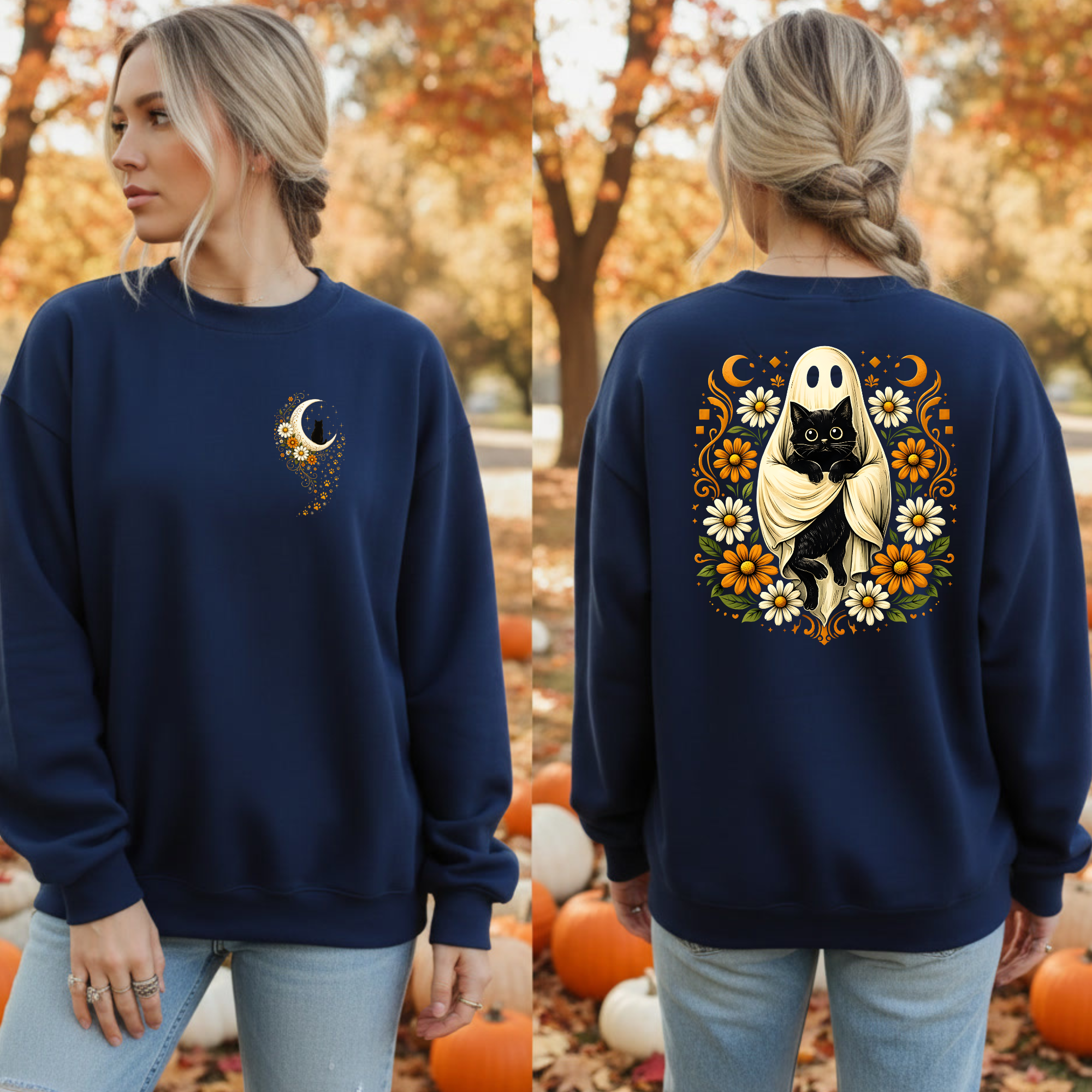 Ghost Cat In Bloom Sweatshirt – Pocket & Full Back Graphic
