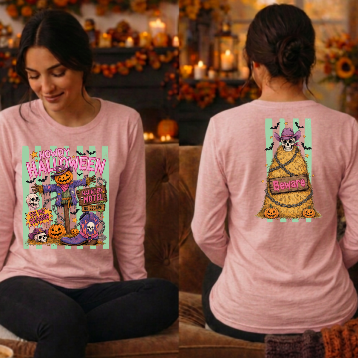 Howdy Halloween Long Sleeve Tee – Front & Back Graphic TheCraftNook