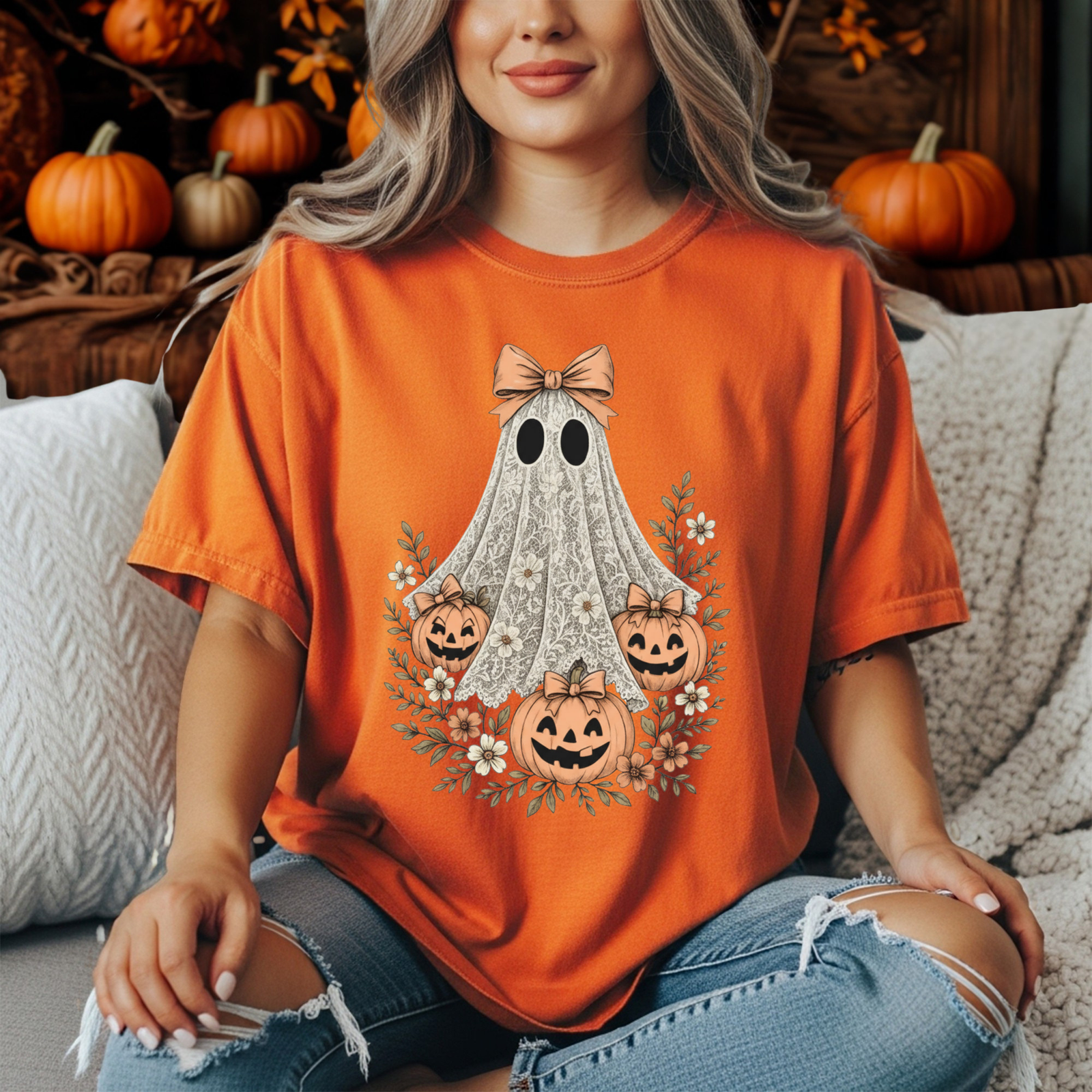 Lacey Ghost Halloween Cottagecore T-Shirt TheCraftNook