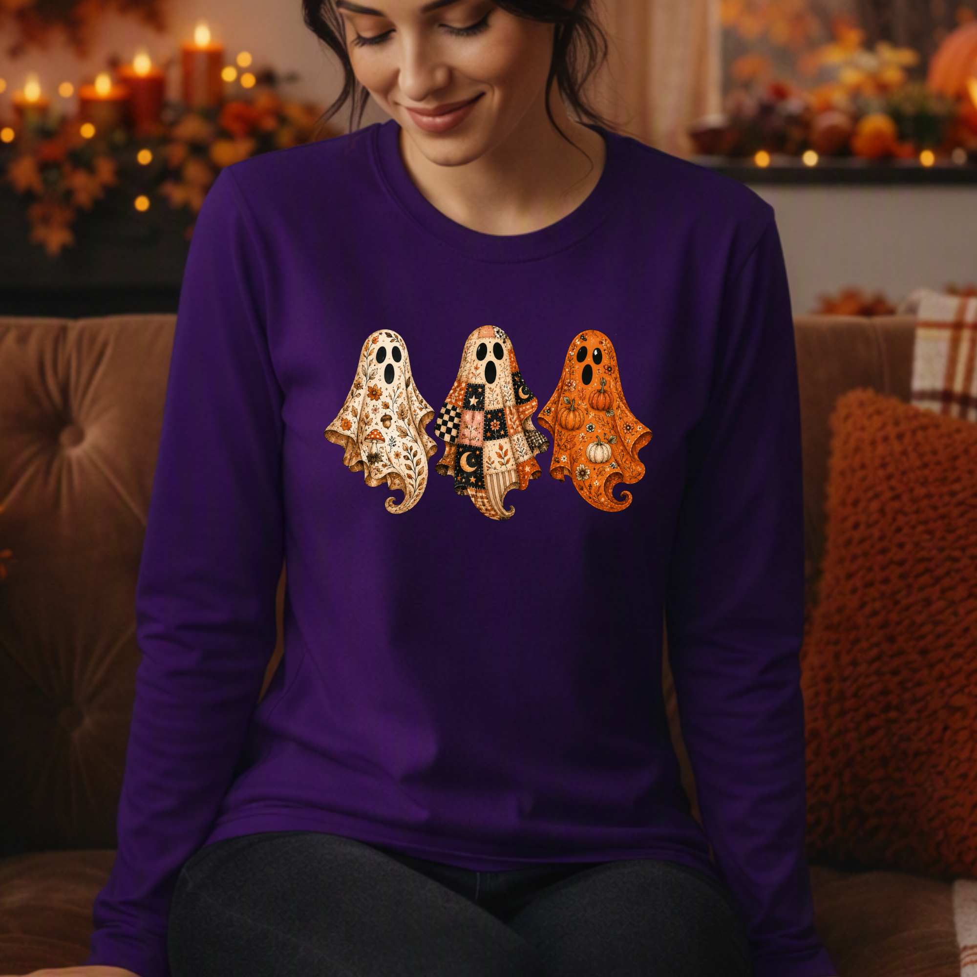 A woman wearing a purple long-sleeve shirt with a graphic of three patterned ghosts in white, black, and orange, sitting on a brown couch in a cozy, warmly lit room.