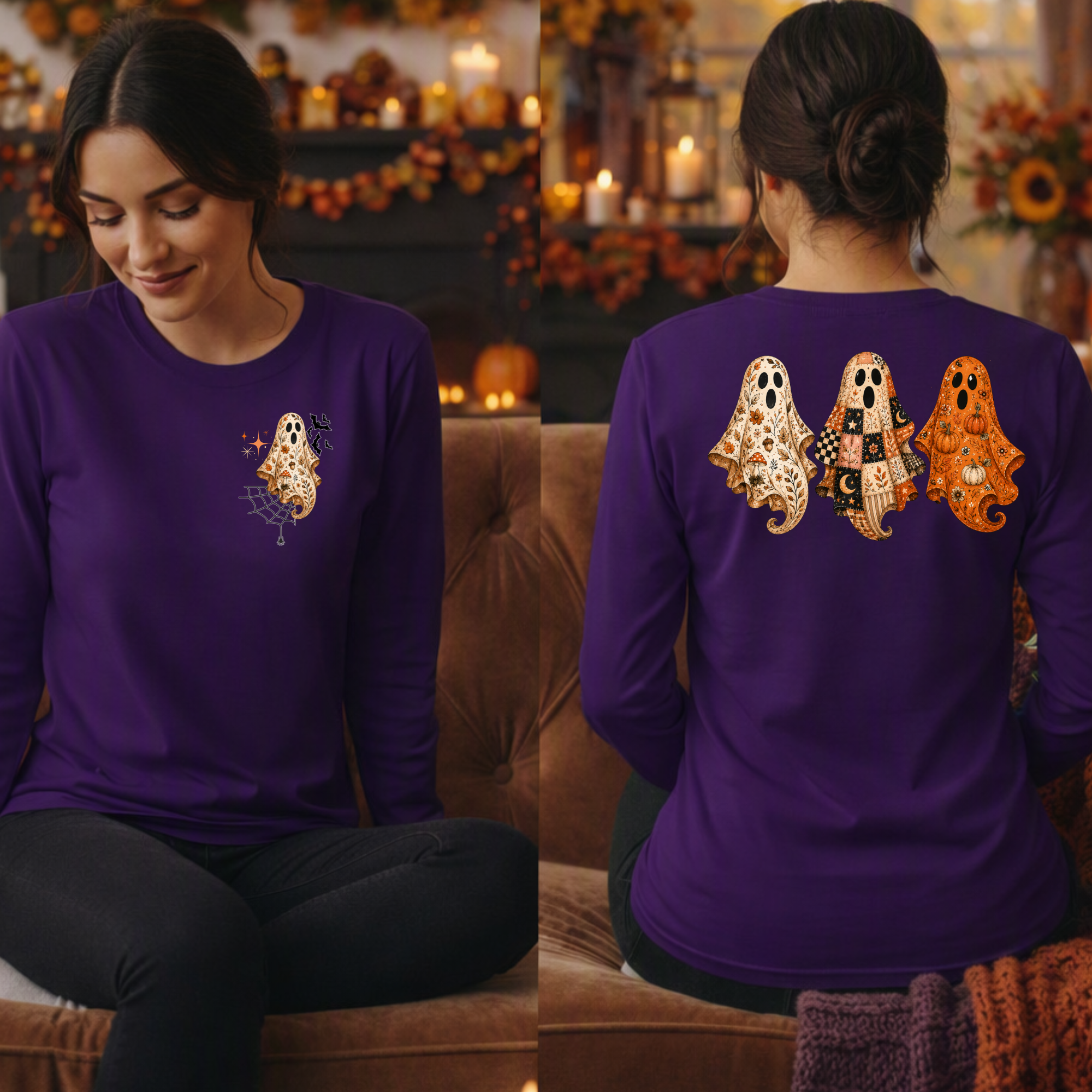 A woman wearing a purple long-sleeve shirt with ghost graphics, shown in a split front and back view while sitting on a brown leather couch in a cozy, warmly lit autumn-themed room.