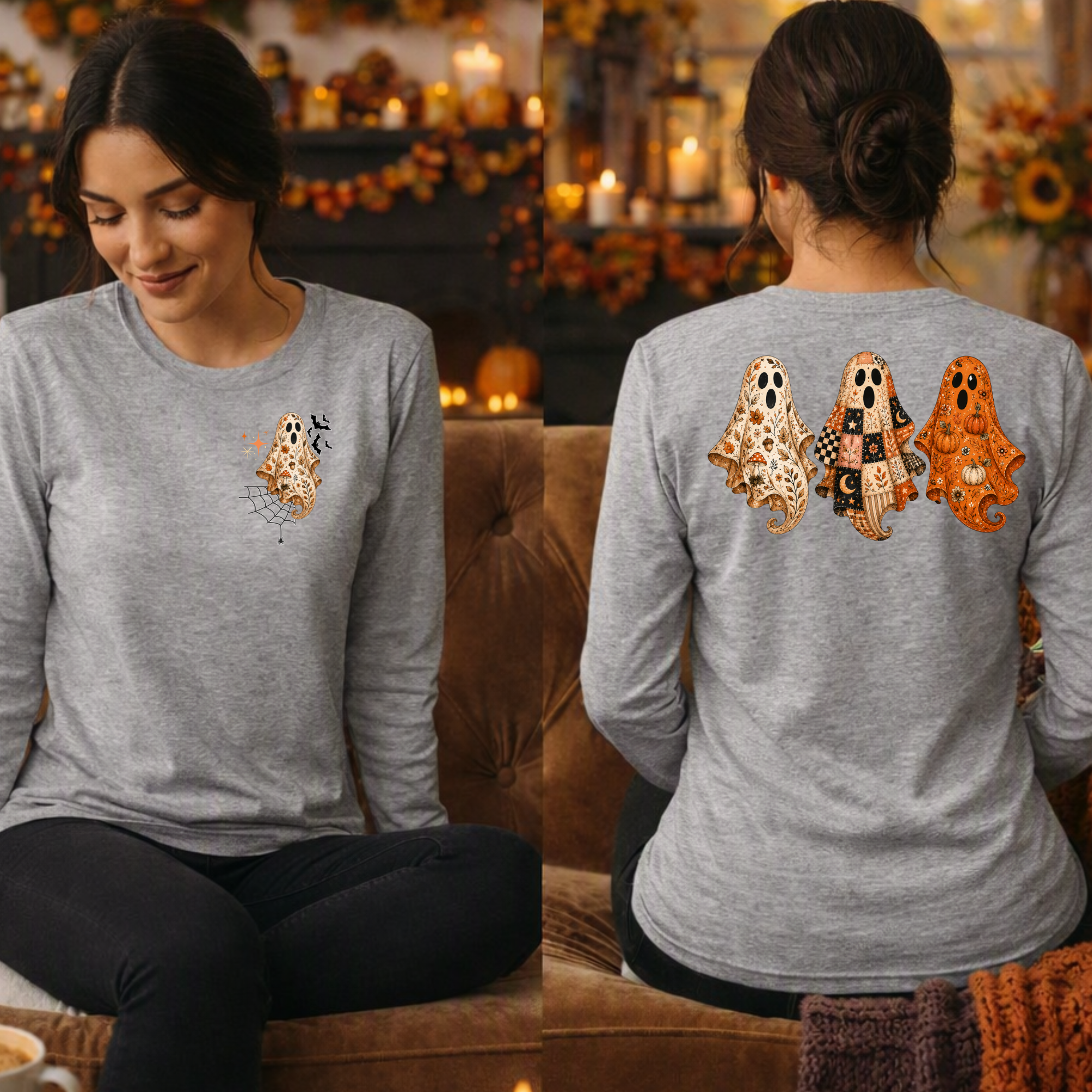Preppy Ghost Long Sleeve Tee | Pocket & Back Graphic
