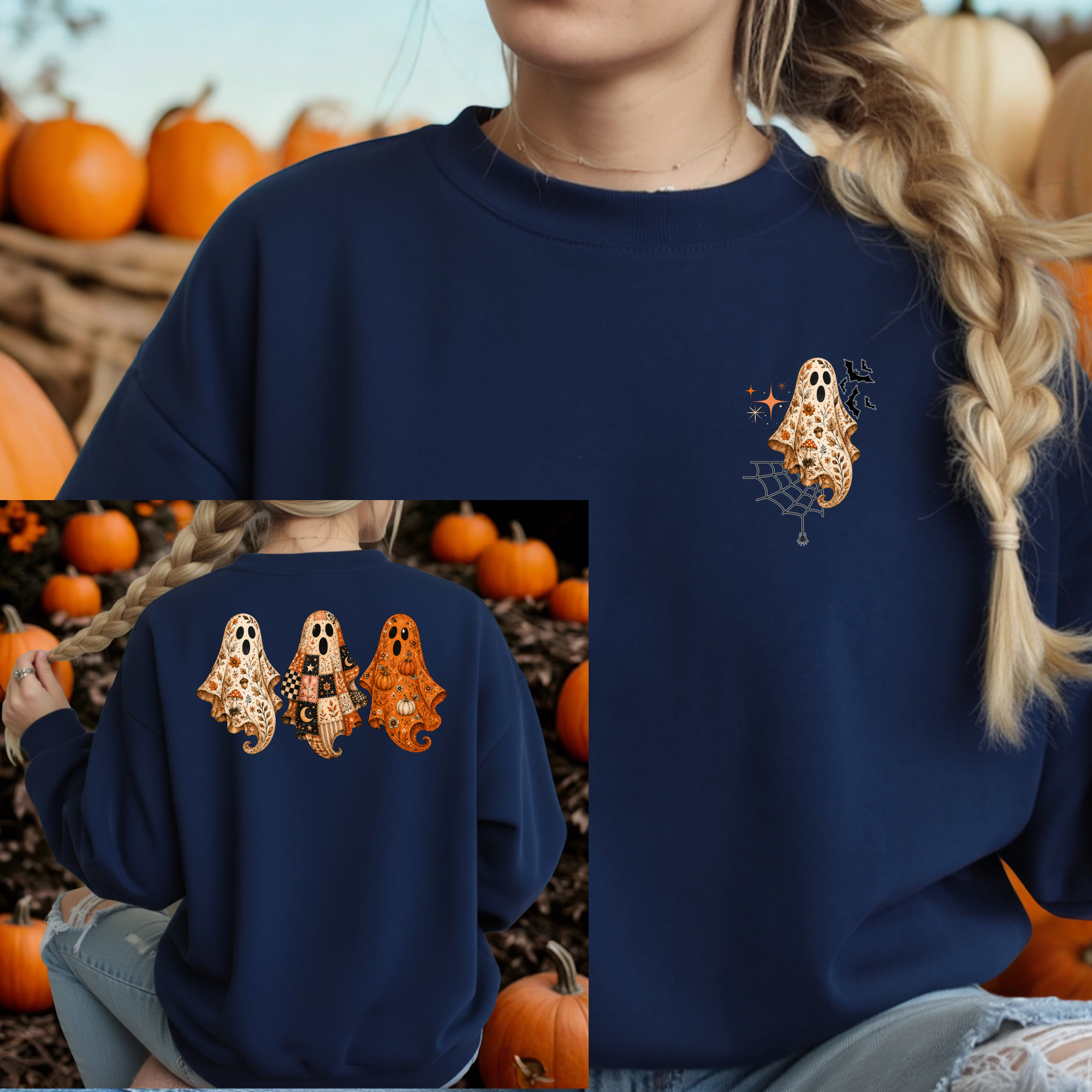 A navy blue sweatshirt with a Halloween ghost graphic, shown on a model in a pumpkin patch setting. The front view features a small ghost graphic on the left chest, and an inset shows the back with three larger ghost designs in orange, beige, and brown patterns.
