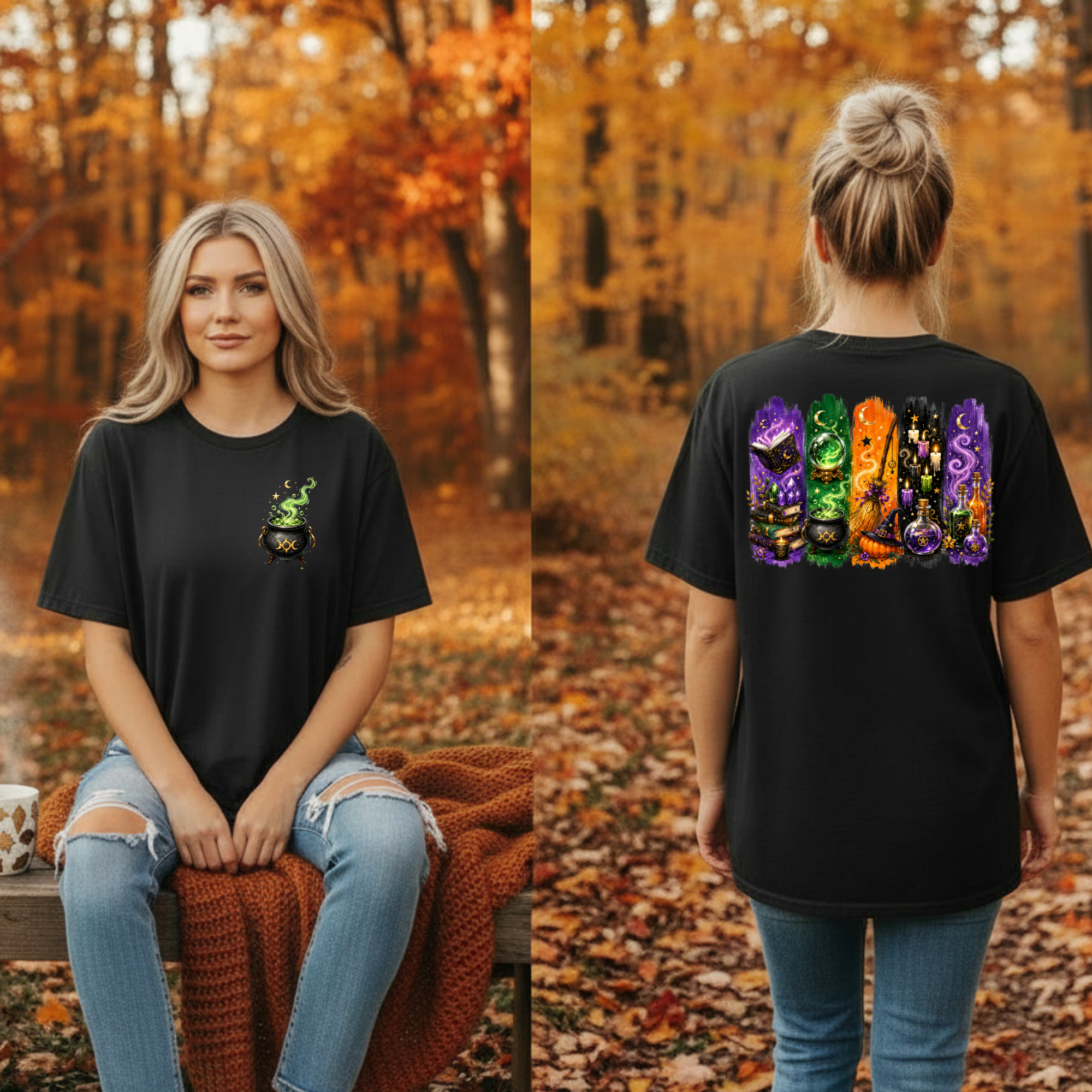 Autumn Alchemy Tee – Witchy Halloween Graphic T-Shirt with Pocket & Back Design