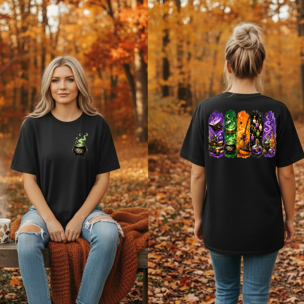 Autumn Alchemy T-Shirt – Witchy Halloween Graphic T-Shirt with Pocket & Back Design TheCraftNook