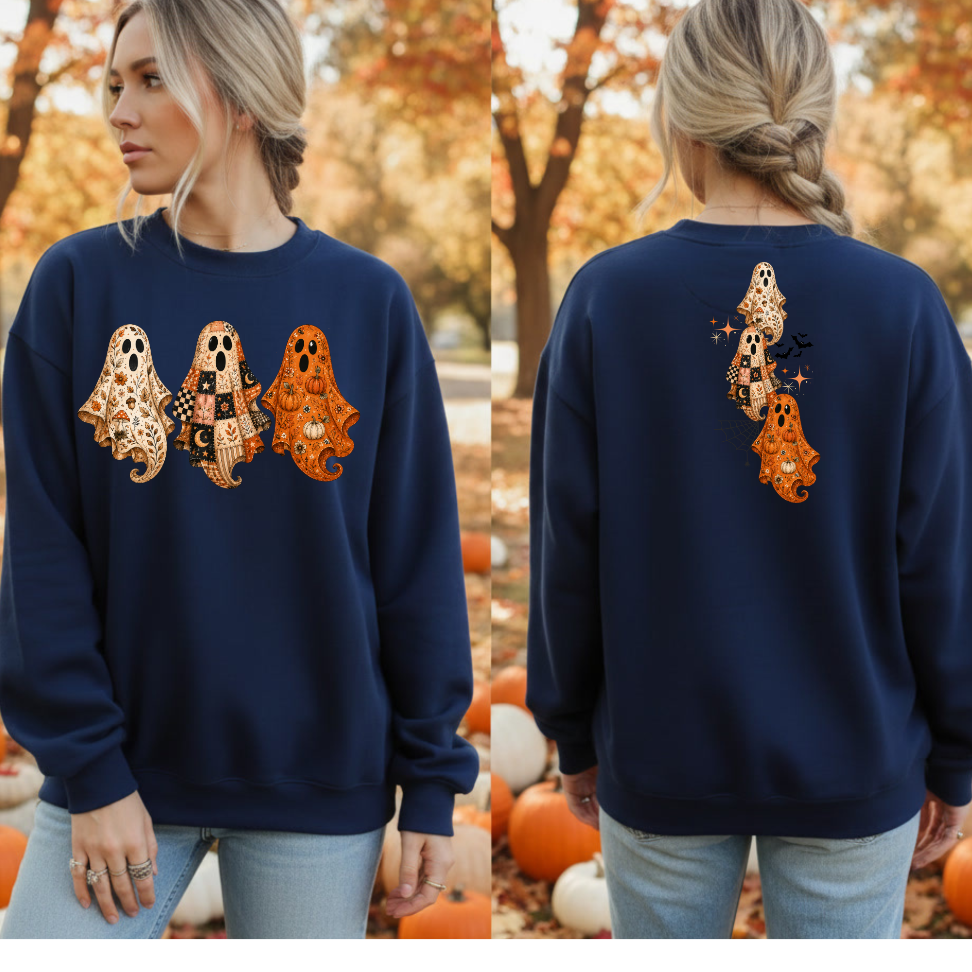 A woman modeling a navy blue sweatshirt in a split front and back view. The sweatshirt features a Halloween ghost graphic on the front with the word 'Halloween' spelled out in patterned letters, and a matching ghost design on the back with small black spider and bat accents.