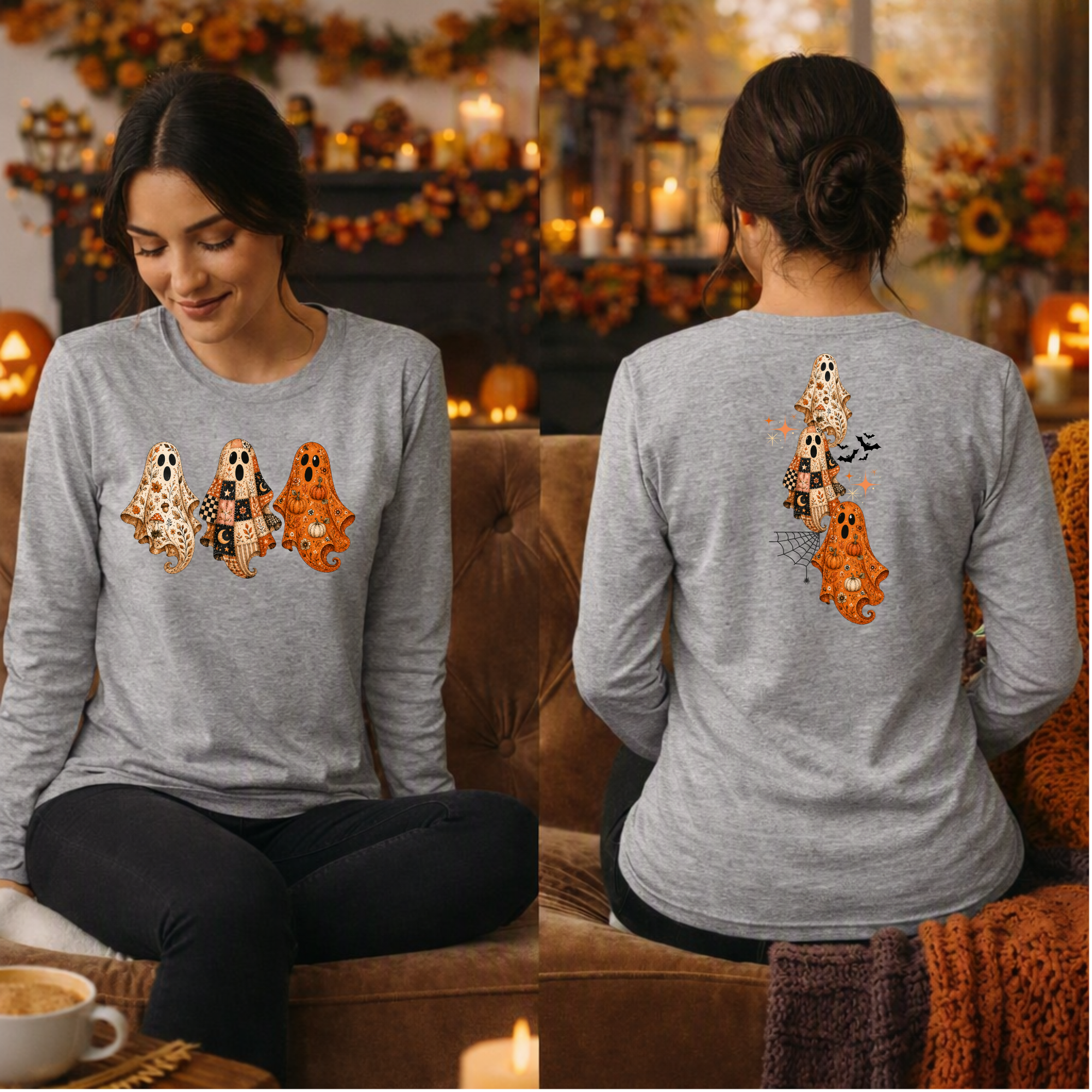 A woman shown from the front and back wearing a heather gray long-sleeve shirt with a Halloween ghost graphic. The front shows three ghosts in cream, black, and orange, while the back shows a larger vertical ghost design with a black cat and small bats.