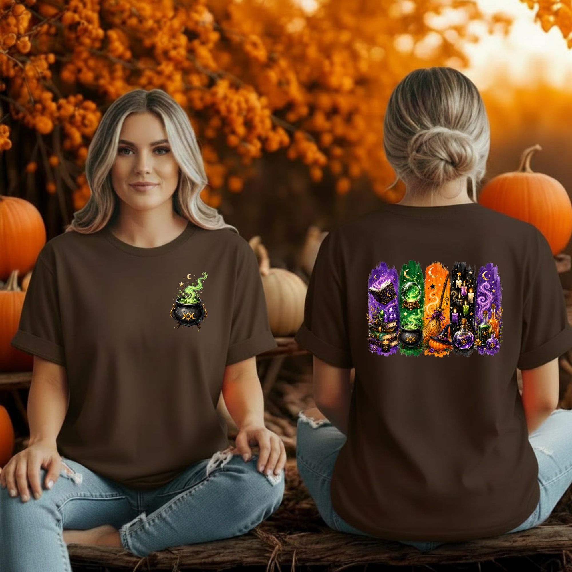 Autumn Alchemy Tee – Witchy Halloween Graphic T-Shirt with Pocket & Back Design