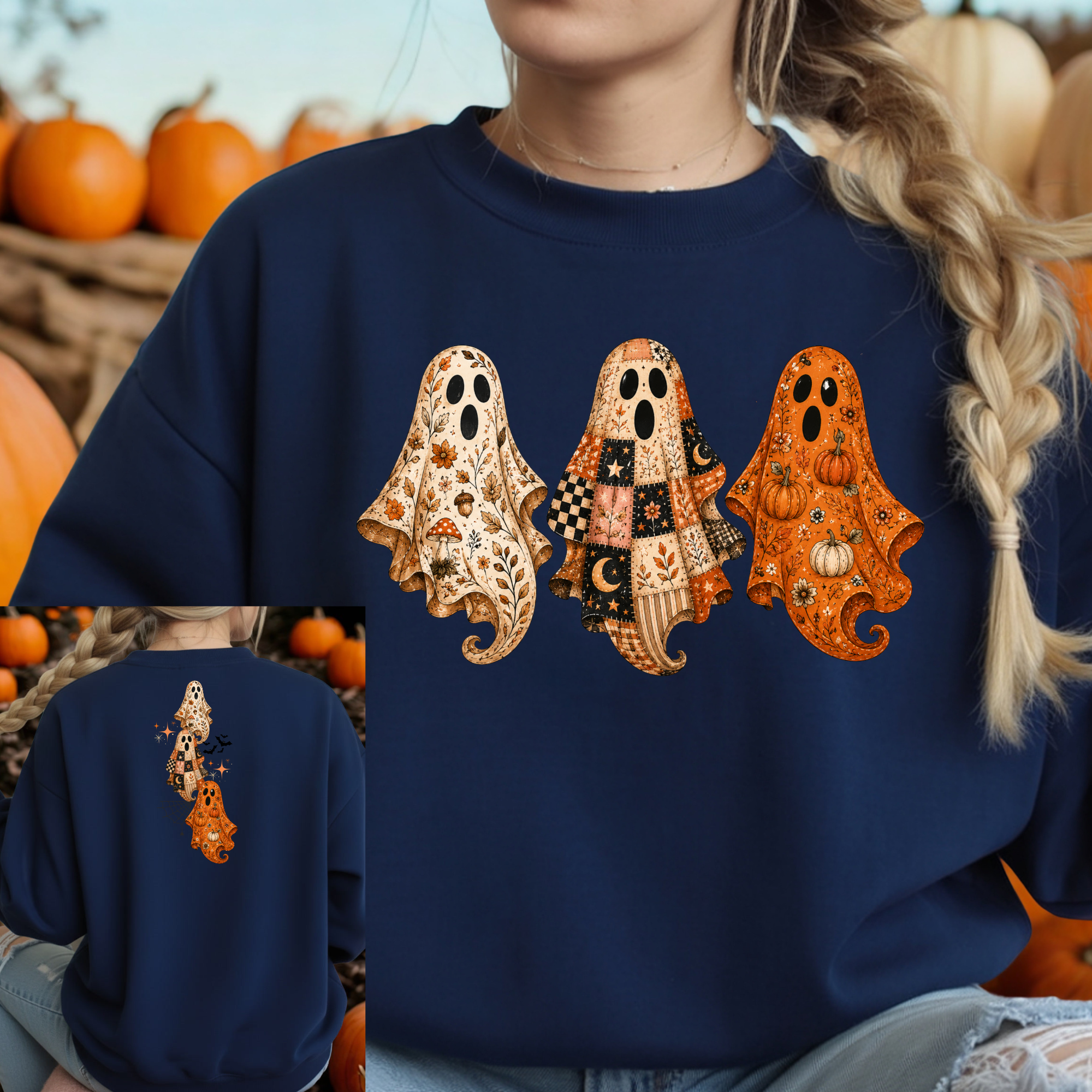 A navy blue crewneck sweatshirt featuring a graphic of three cute, patterned Halloween ghosts in orange, beige, and black. The image shows a model wearing the front view, with a smaller inset showing the back view of the sweatshirt in a pumpkin patch setting.