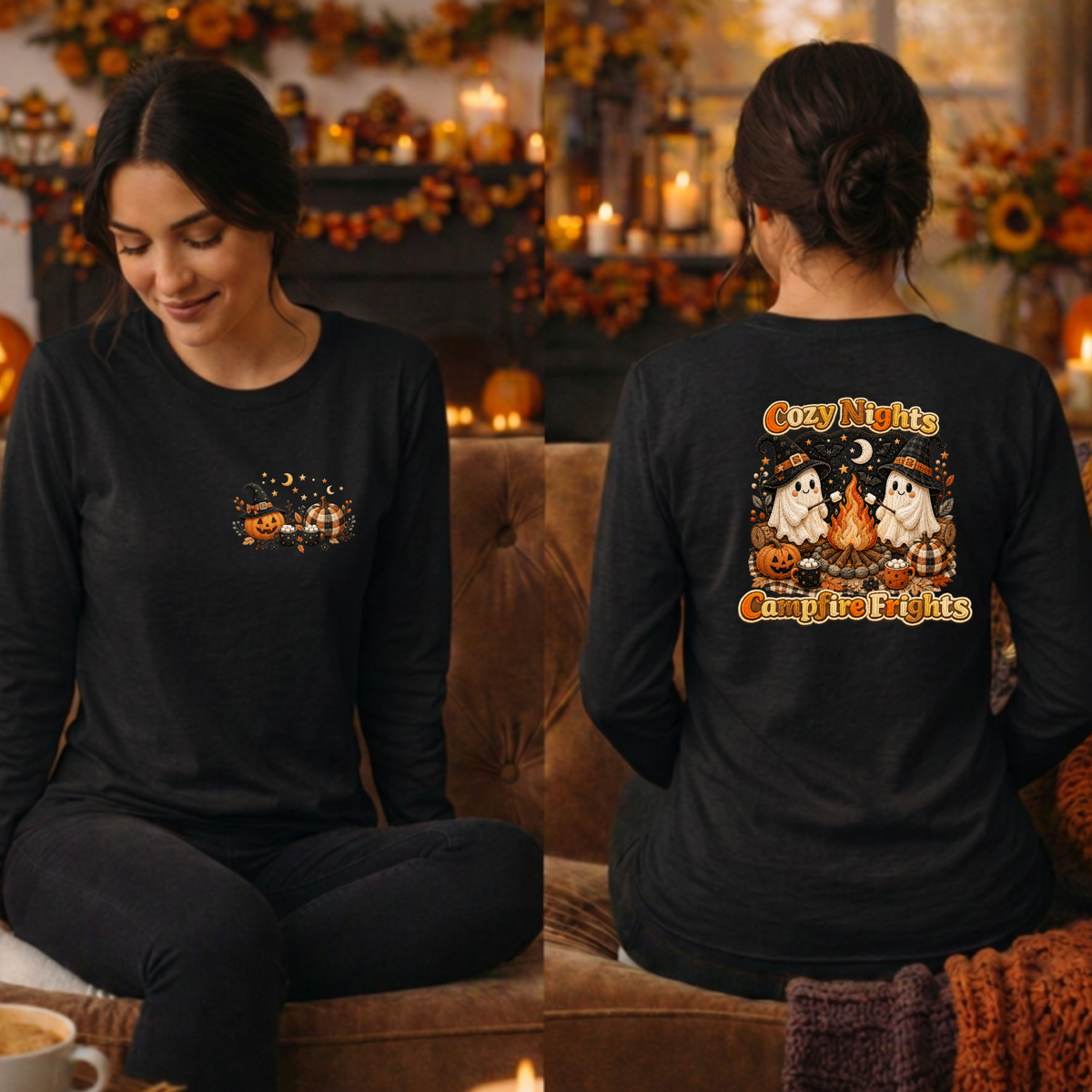 Cozy Nights Halloween Long Sleeve Tee — Pocket & Back TheCraftNook